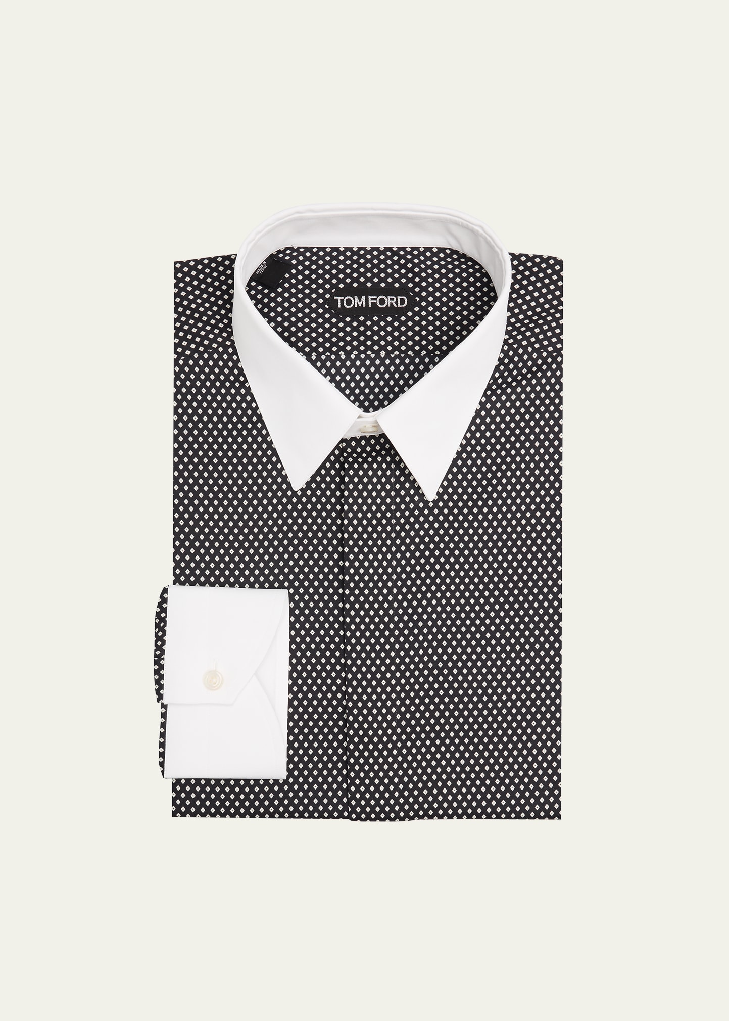 Tom Ford Men's Cotton Diamond-Print Contrast Collar-Cuff Dress Shirt, Black/White, Men's, 17.5, Shirts Tops Formal & Evening Dress Shirts