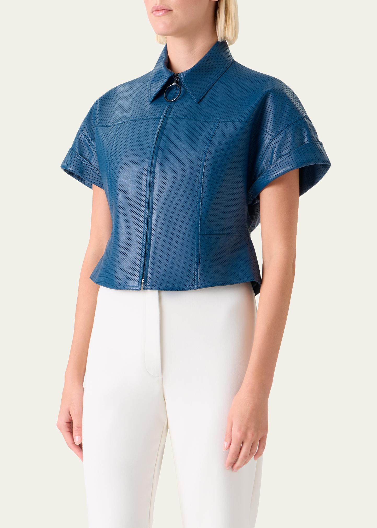 Akris punto Pin-Dot Nappa Leather Short-Sleeve Zip Jacket