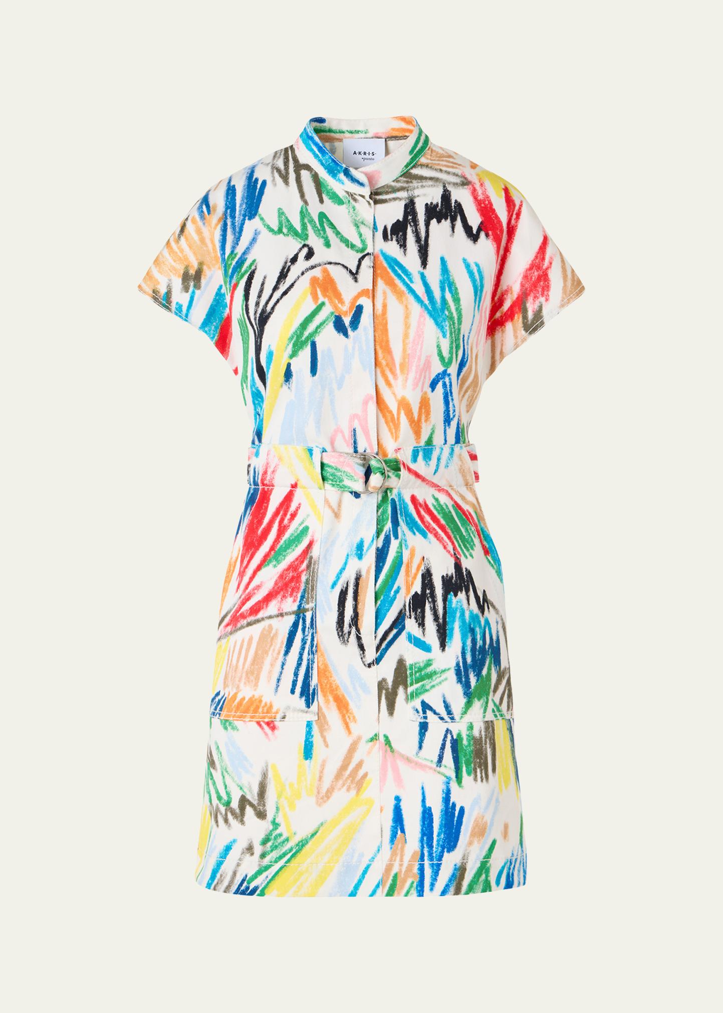 Akris punto Scribble Denim Cap-Sleeve Belted Mini Shirtdress