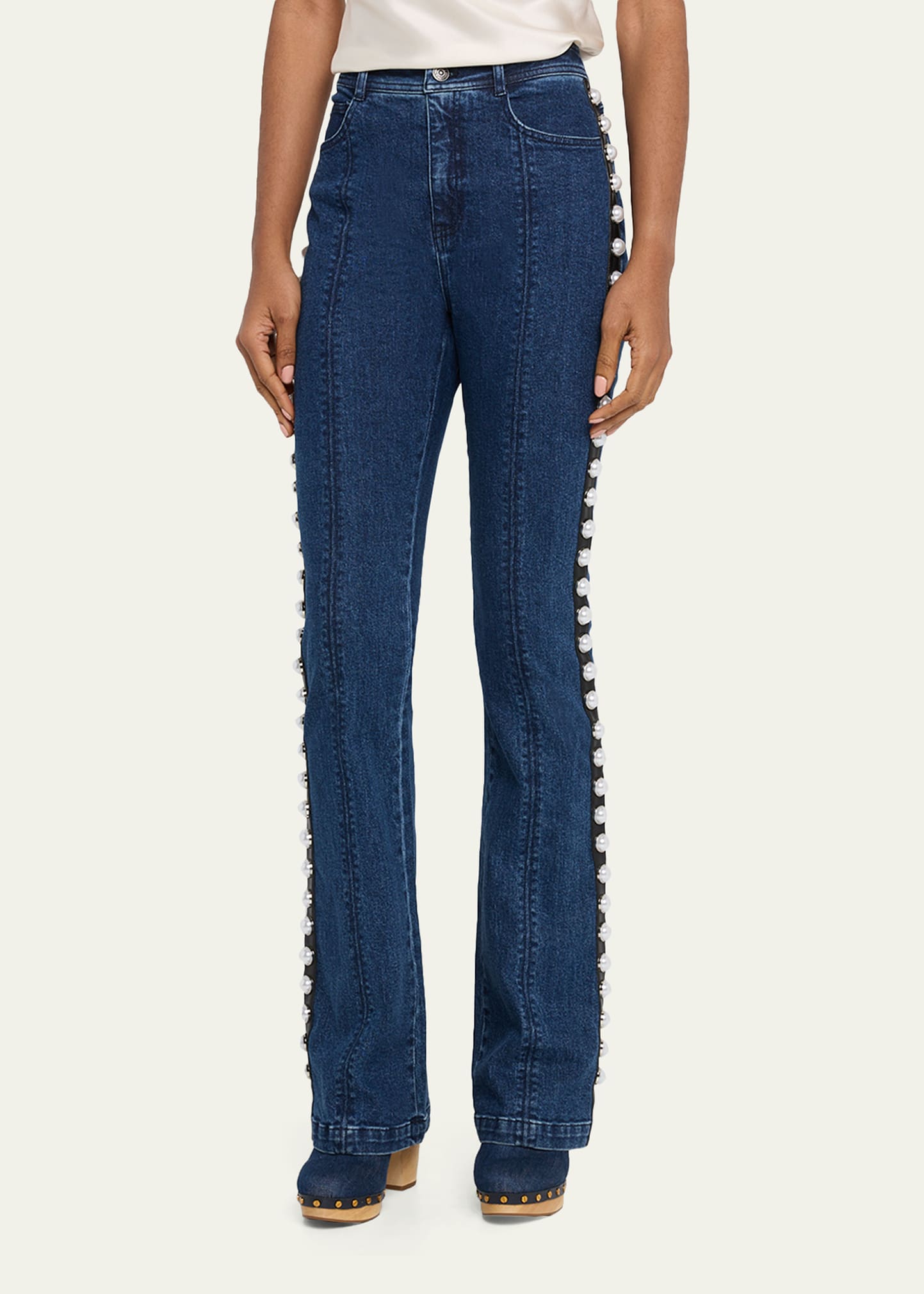 Cinq a Sept Pearl-Embellished Slim Flare Jeans - Bergdorf Goodman