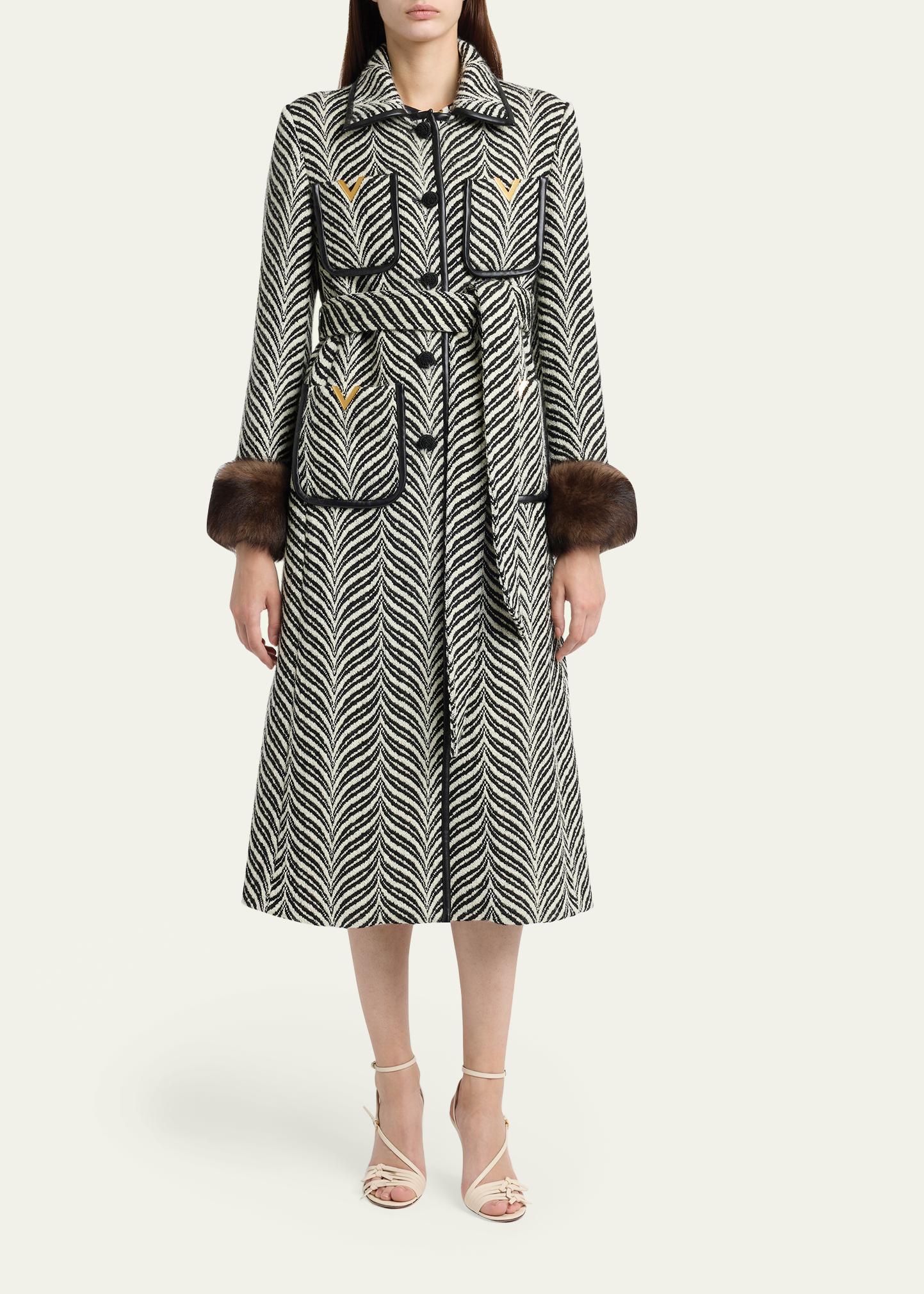 Valentino Garavani Lamb Shearling Cuff Belted Herringbone Coat