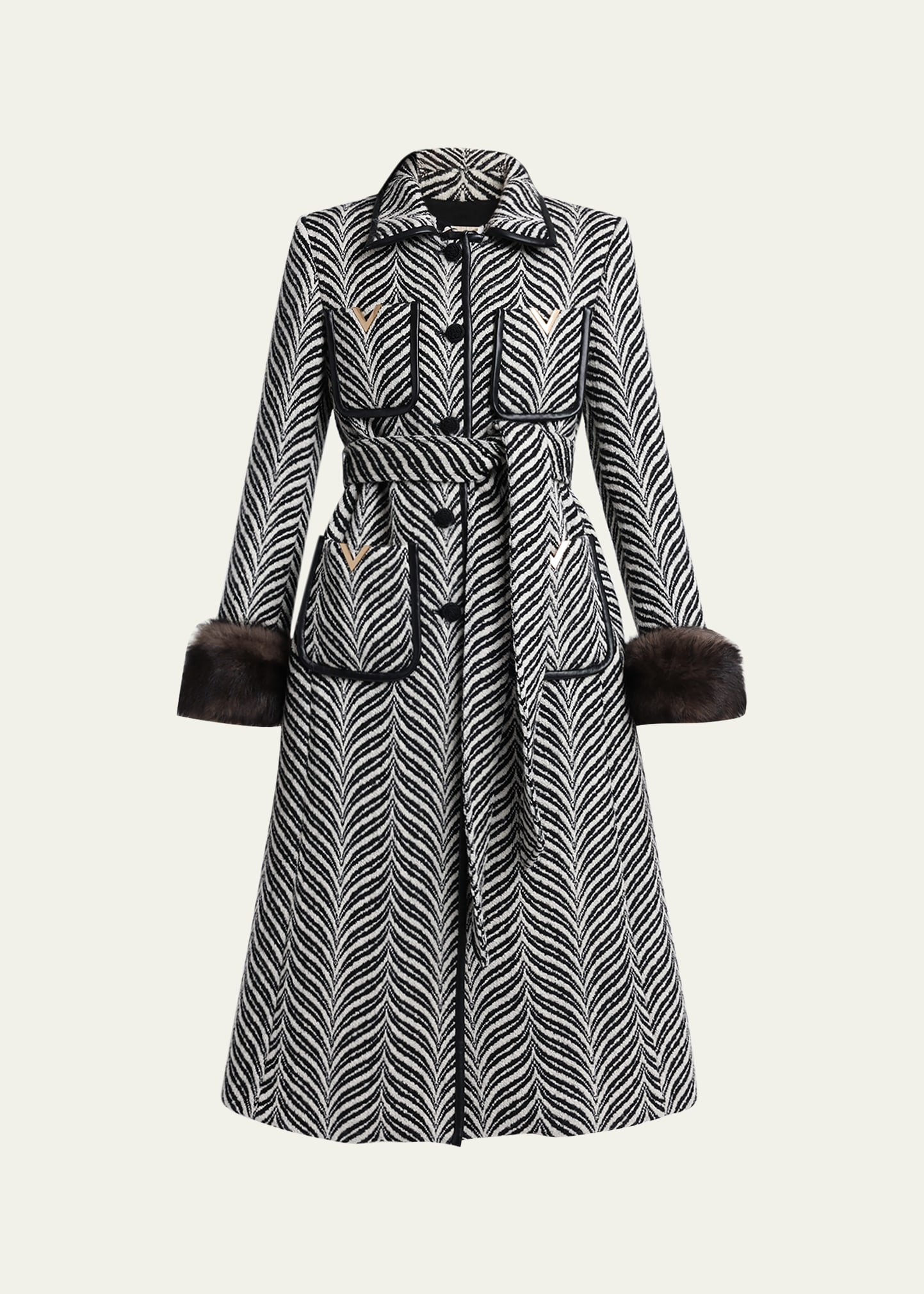 Valentino Garavani Lamb Shearling Cuff Belted Herringbone Coat