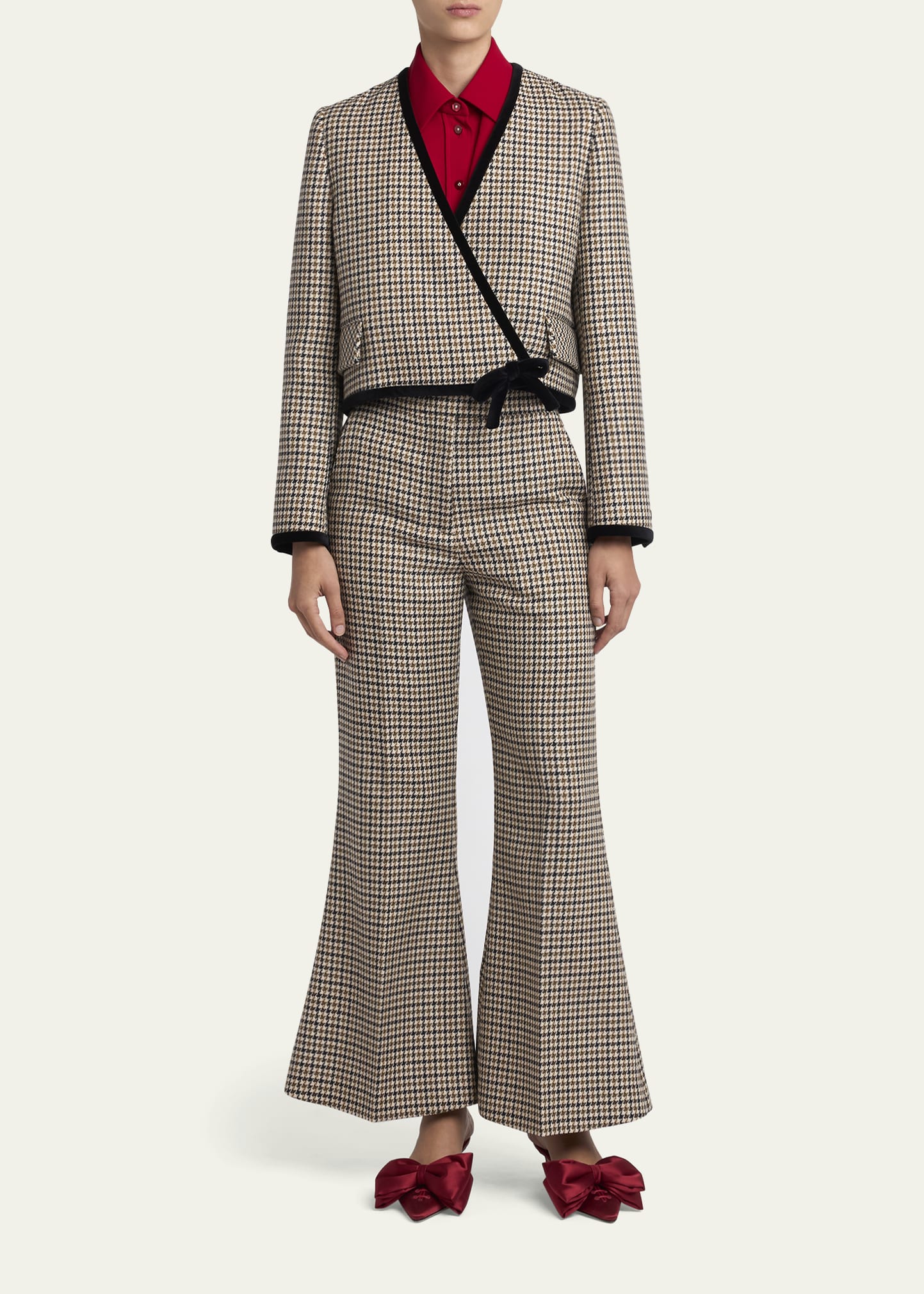 Valentino Garavani Velvet-Trim Houndstooth Crop Wrap Jacket