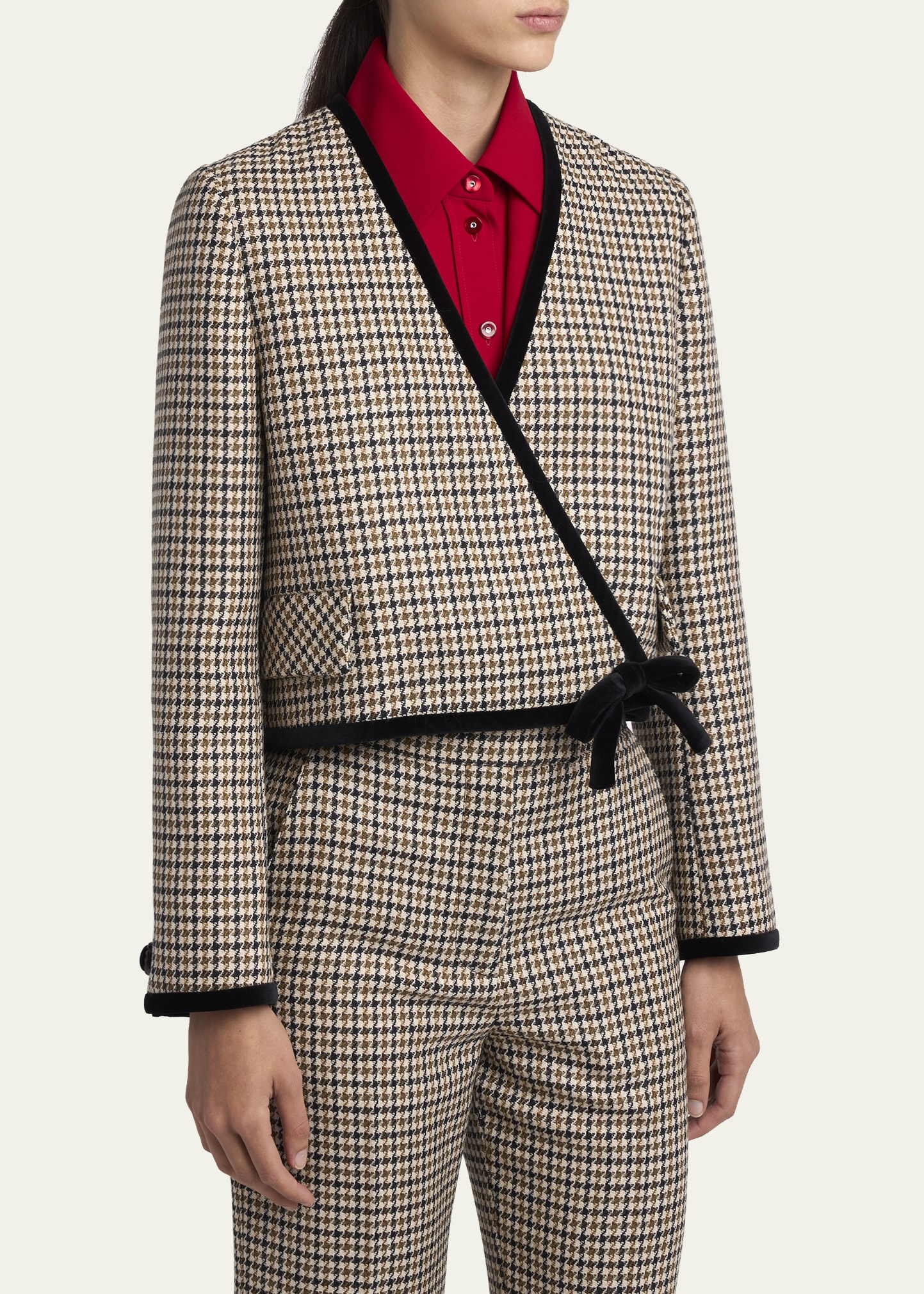 Valentino Garavani Velvet-Trim Houndstooth Crop Wrap Jacket