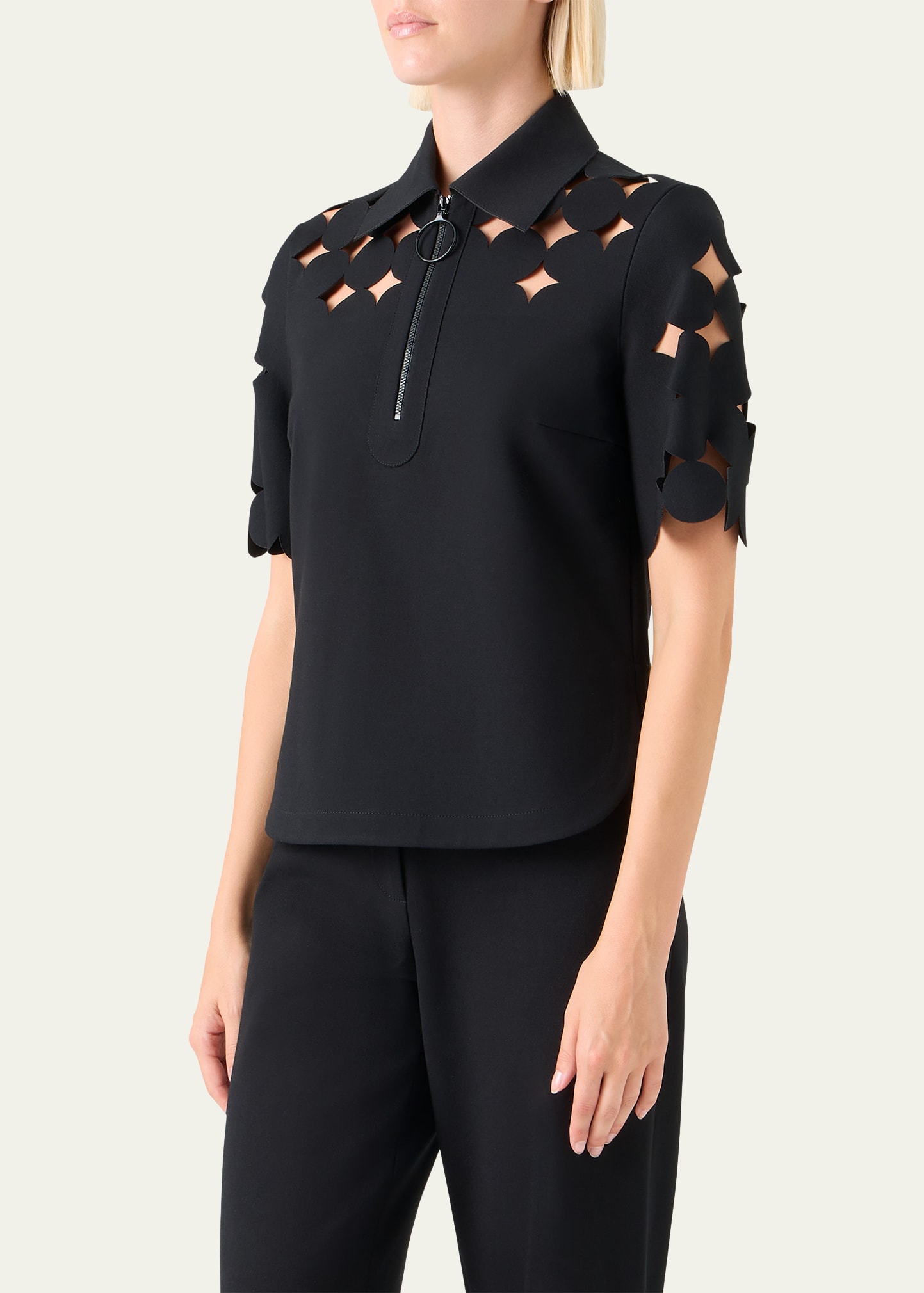 Akris punto Dot Cutout Short-Sleeve Quarter-Zip Shirt - Bergdorf