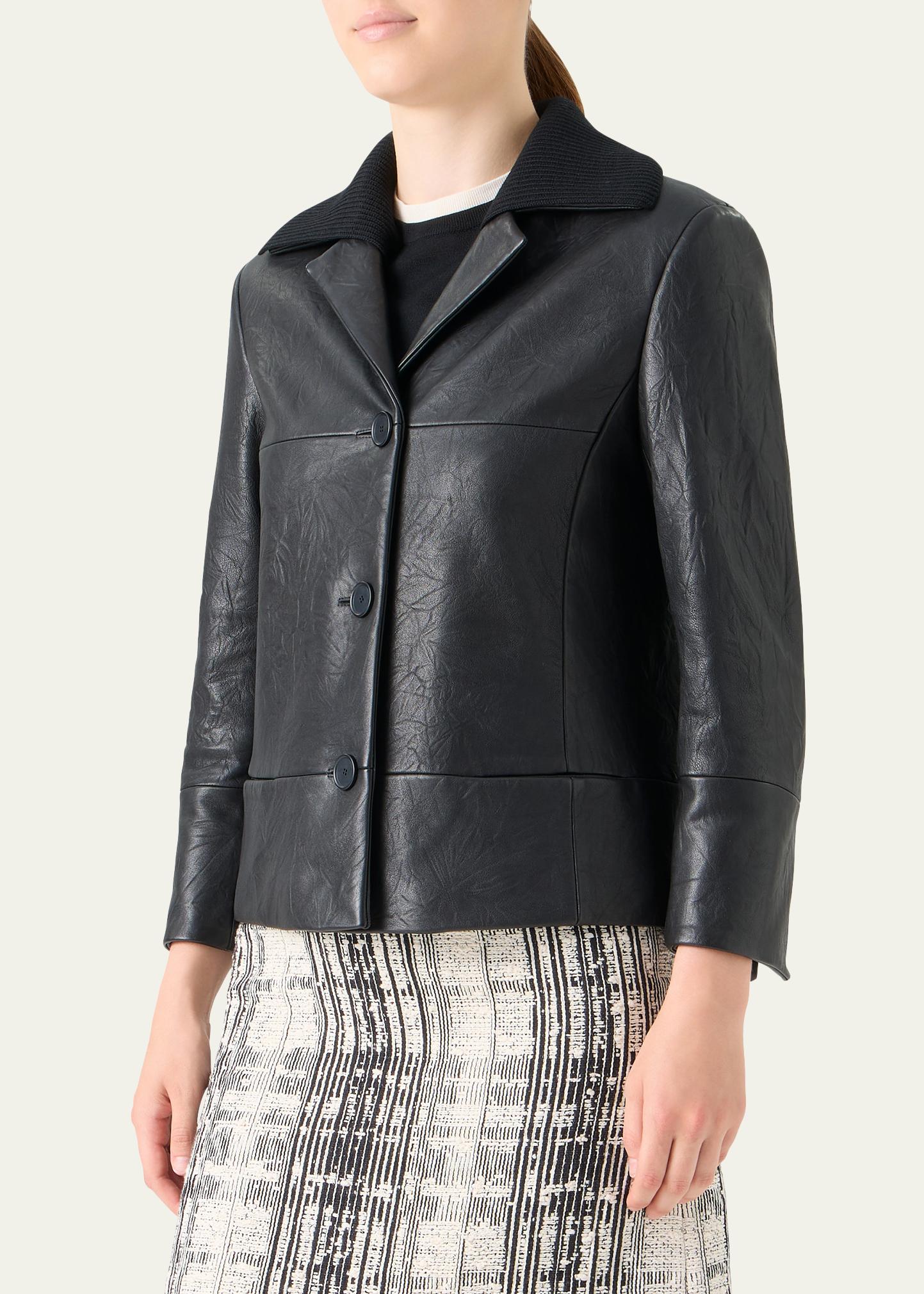Akris punto Crinkled Leather Jacket With Detachable Knit Collar