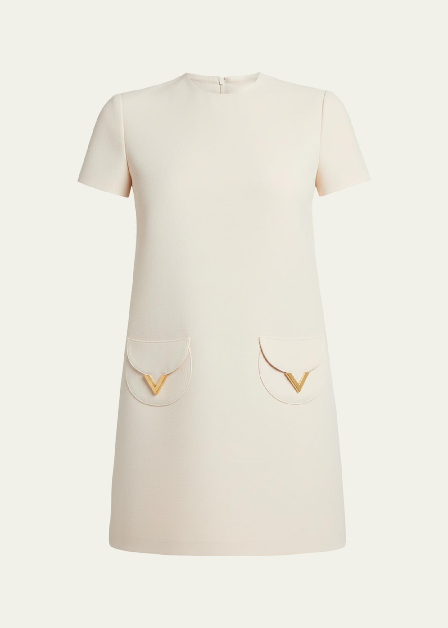 VALENTINO ベージュ 半袖ミニワンピース Valentino Garavani V-Logo Pocket Short-Sleeve Crepe Mini Dress