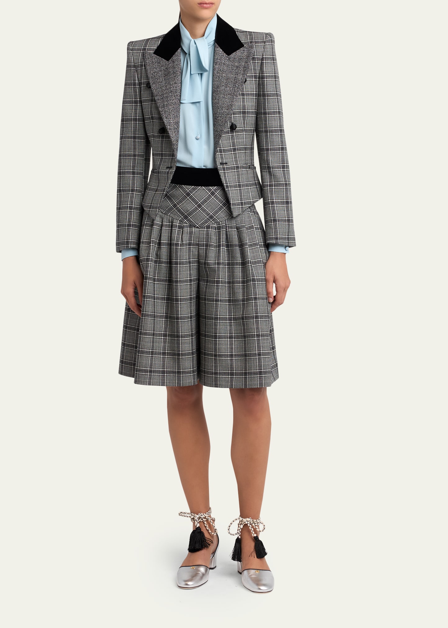 Valentino Garavani Velvet-Trim Check Double-Breasted Jacket