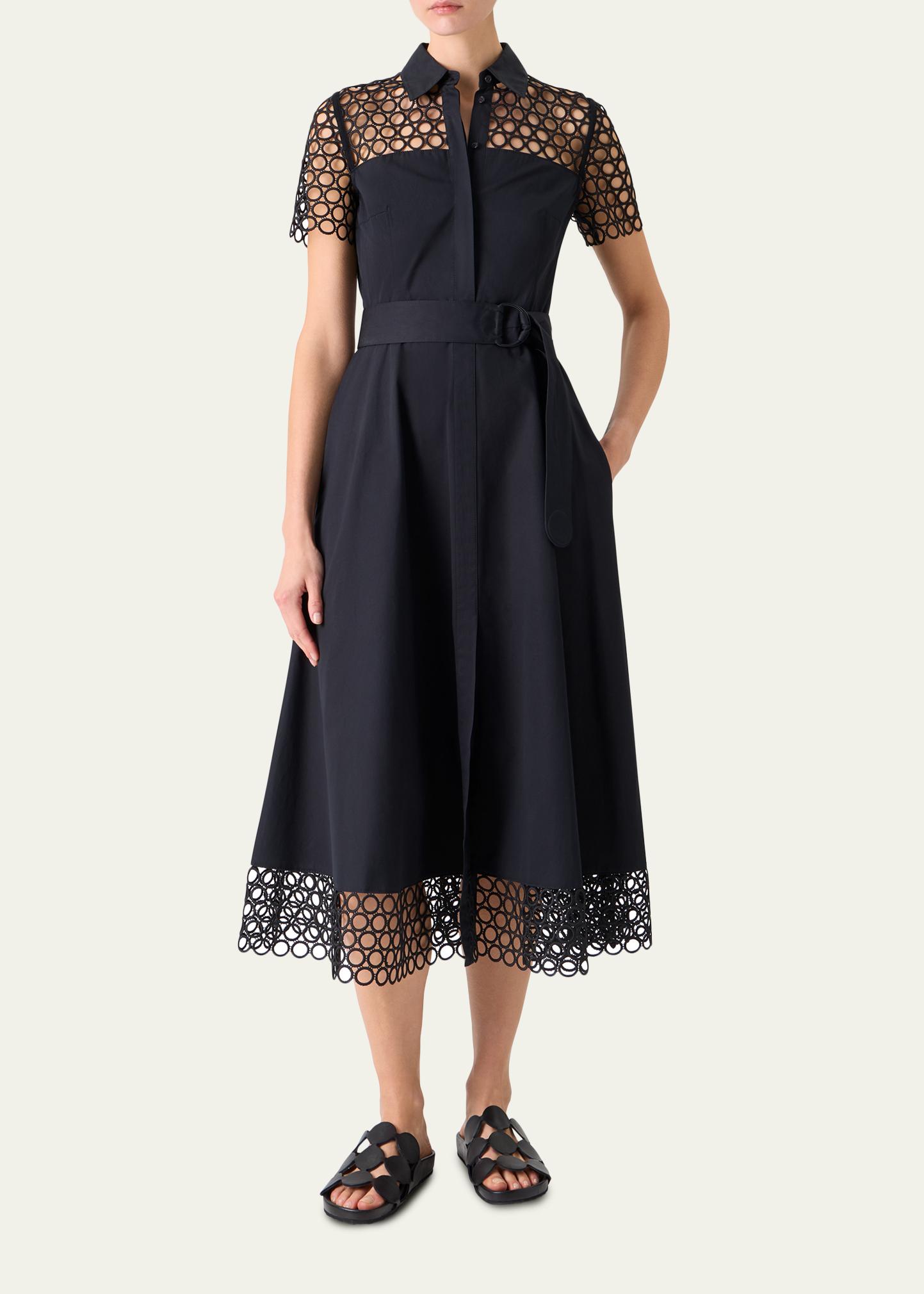 Akris punto Dot Eyelet Short-Sleeve Cotton Poplin Midi Shirtdress