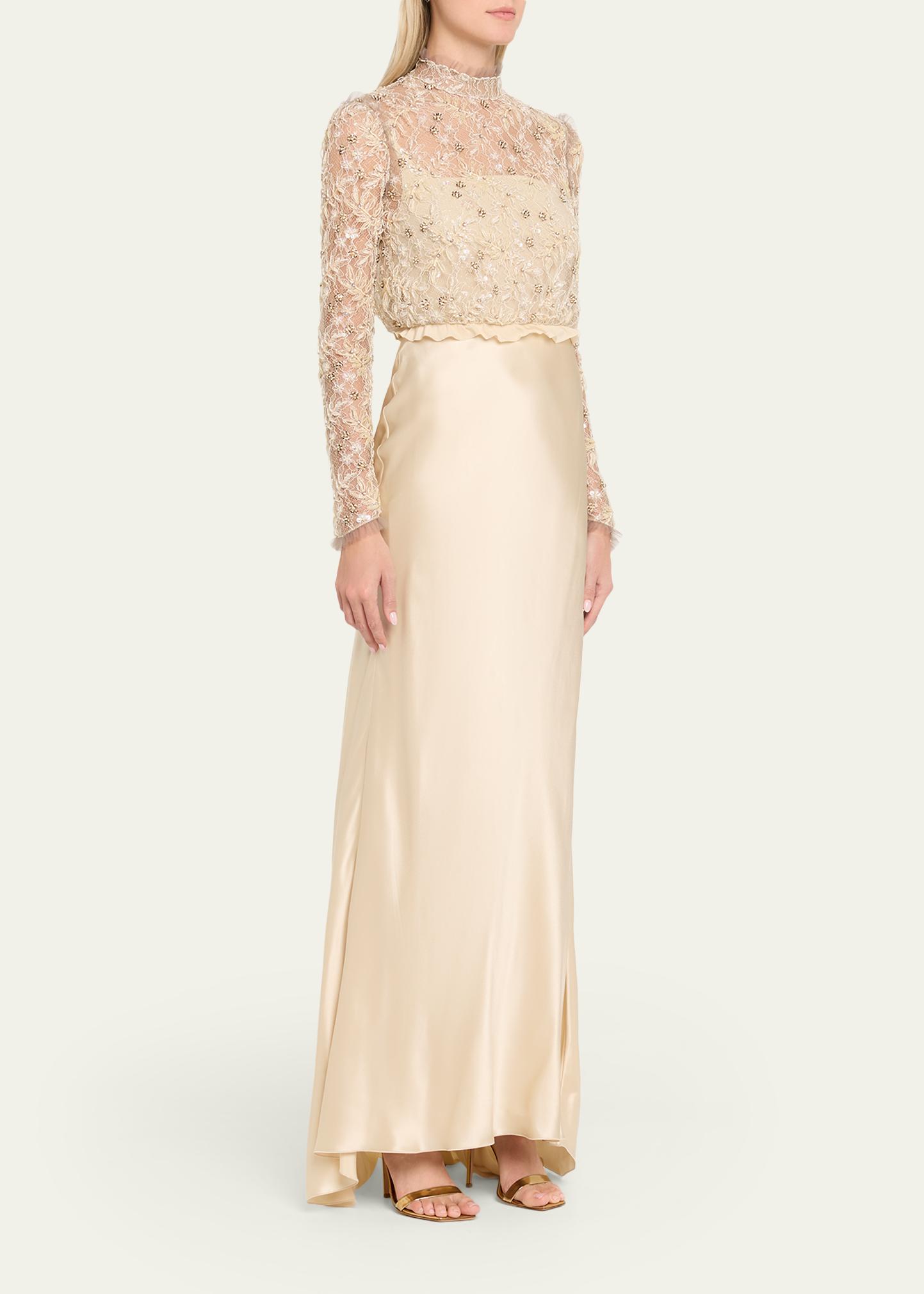 VALENTINO フローラルシルクシフォン ドレス Valentino Garavani Embroidered Lace Long-Sleeve Silk Gown
