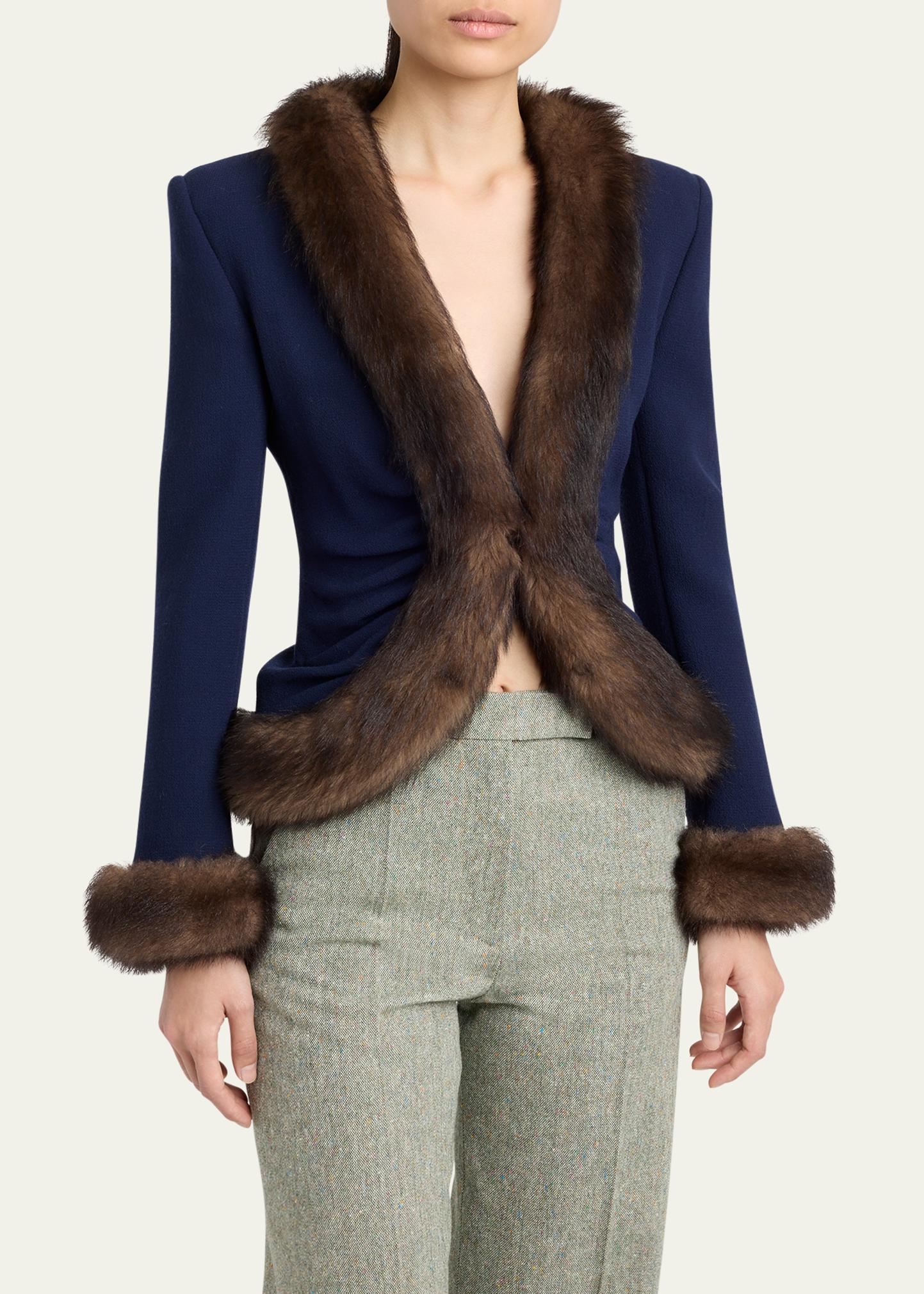 Valentino Garavani Wool Crepe Jacket with Shearling Trim 