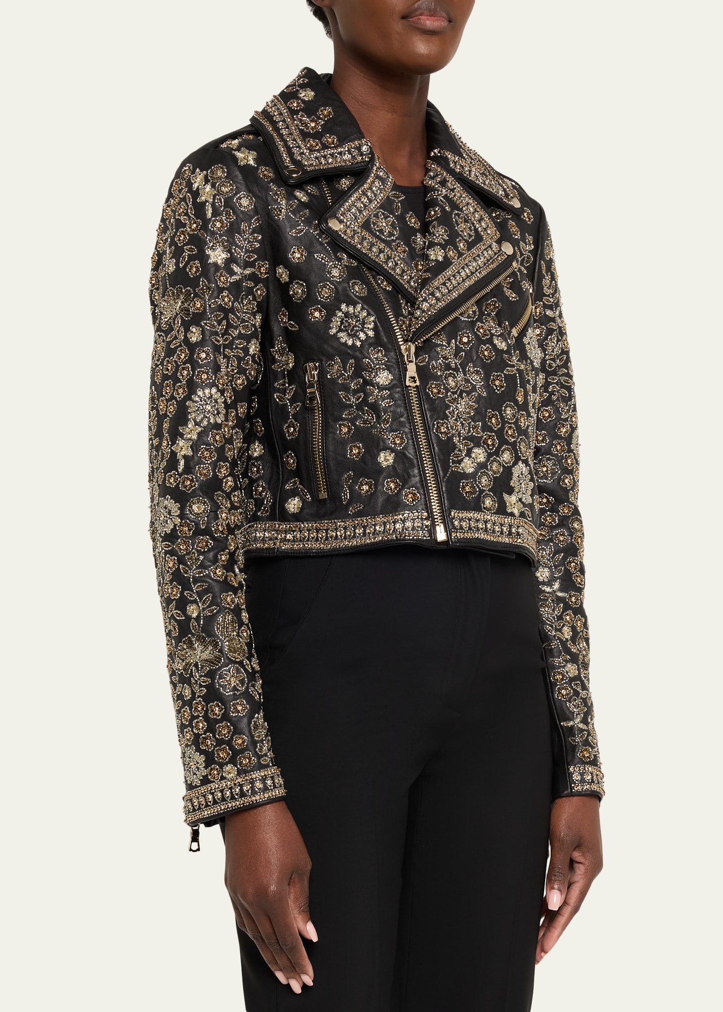 ALICE + OLIVIA Cody Embellished Cropped Leather Moto Jacket
