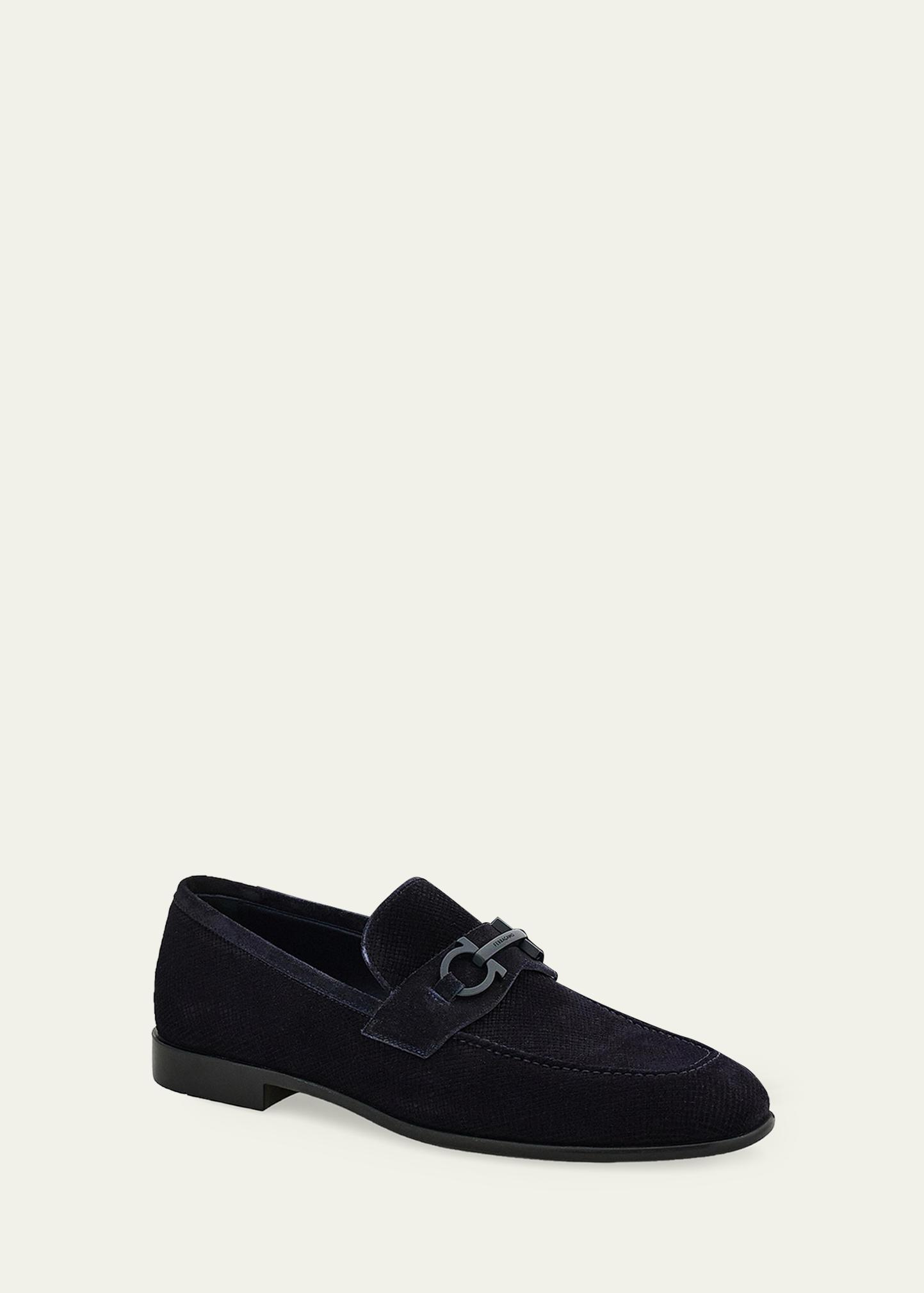 FERRAGAMO Men's Foster Textured Suede Gancini Bit Loafers