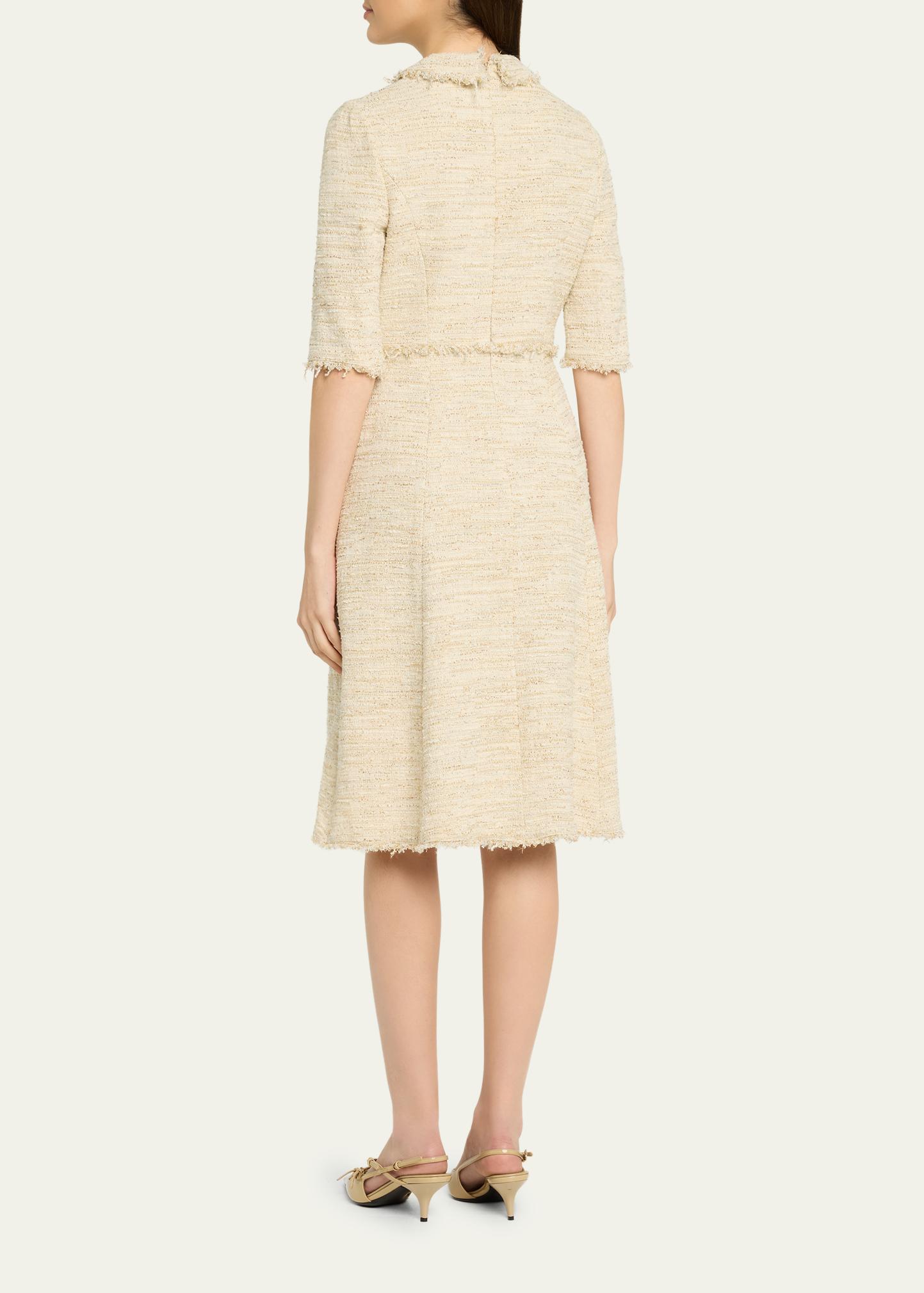 Rickie Freeman for Teri Jon Fringe-Trim Metallic Tweed Dress