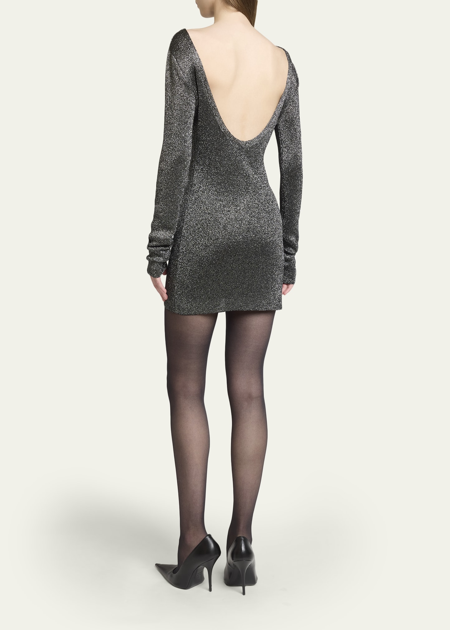 Balenciaga Metallic Knit Long-Sleeve Backless Mini Dress