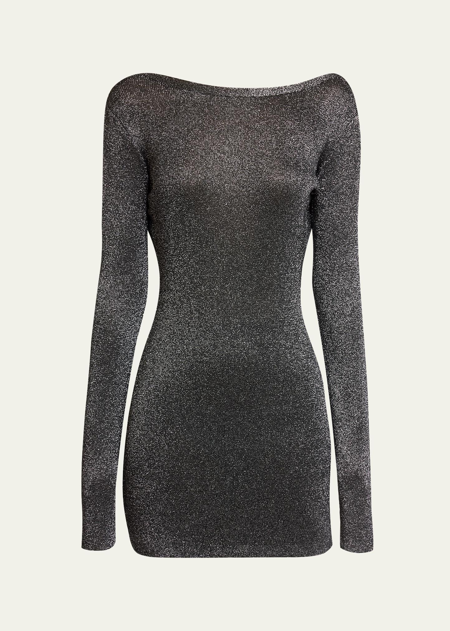 Balenciaga Metallic Knit Long-Sleeve Backless Mini Dress