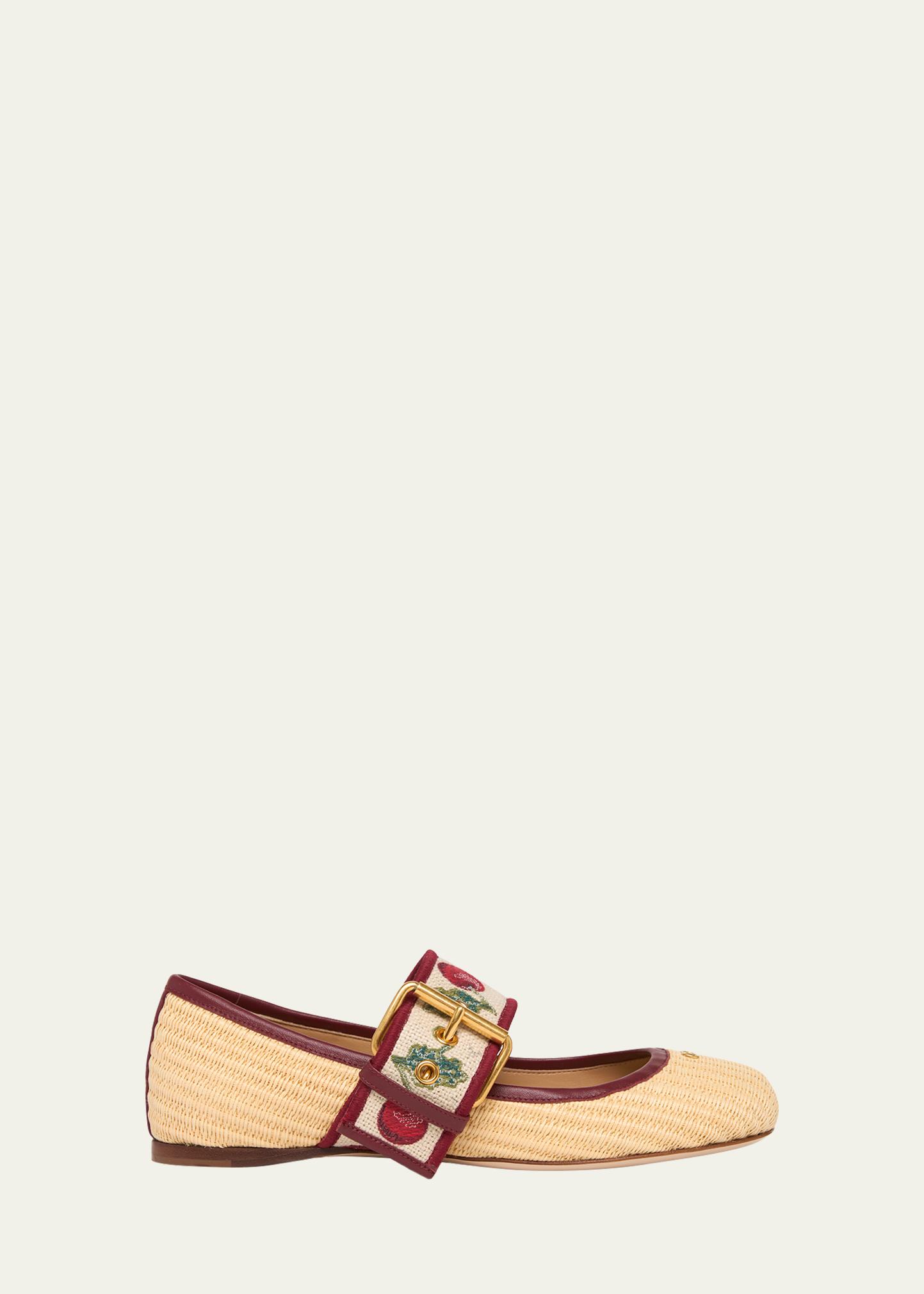 Valentino Garavani Tomato Embroidered Raffia Mary Jane Ballerina