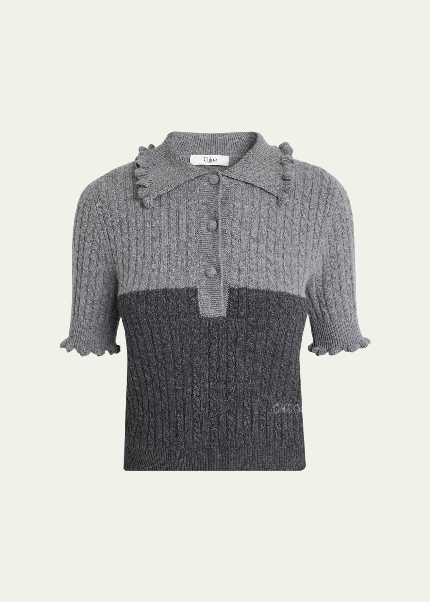 Chloe Bicolor Ruffle-Trim Short-Sleeve Polo Sweater - Bergdorf Goodman
