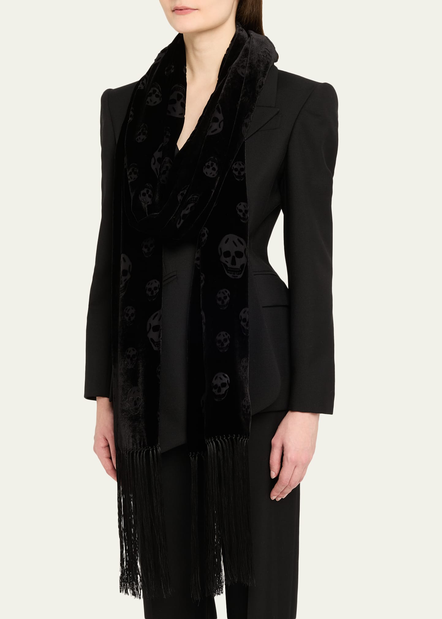 McQueen Classic Skull Velvet Fringe Scarf - Bergdorf Goodman