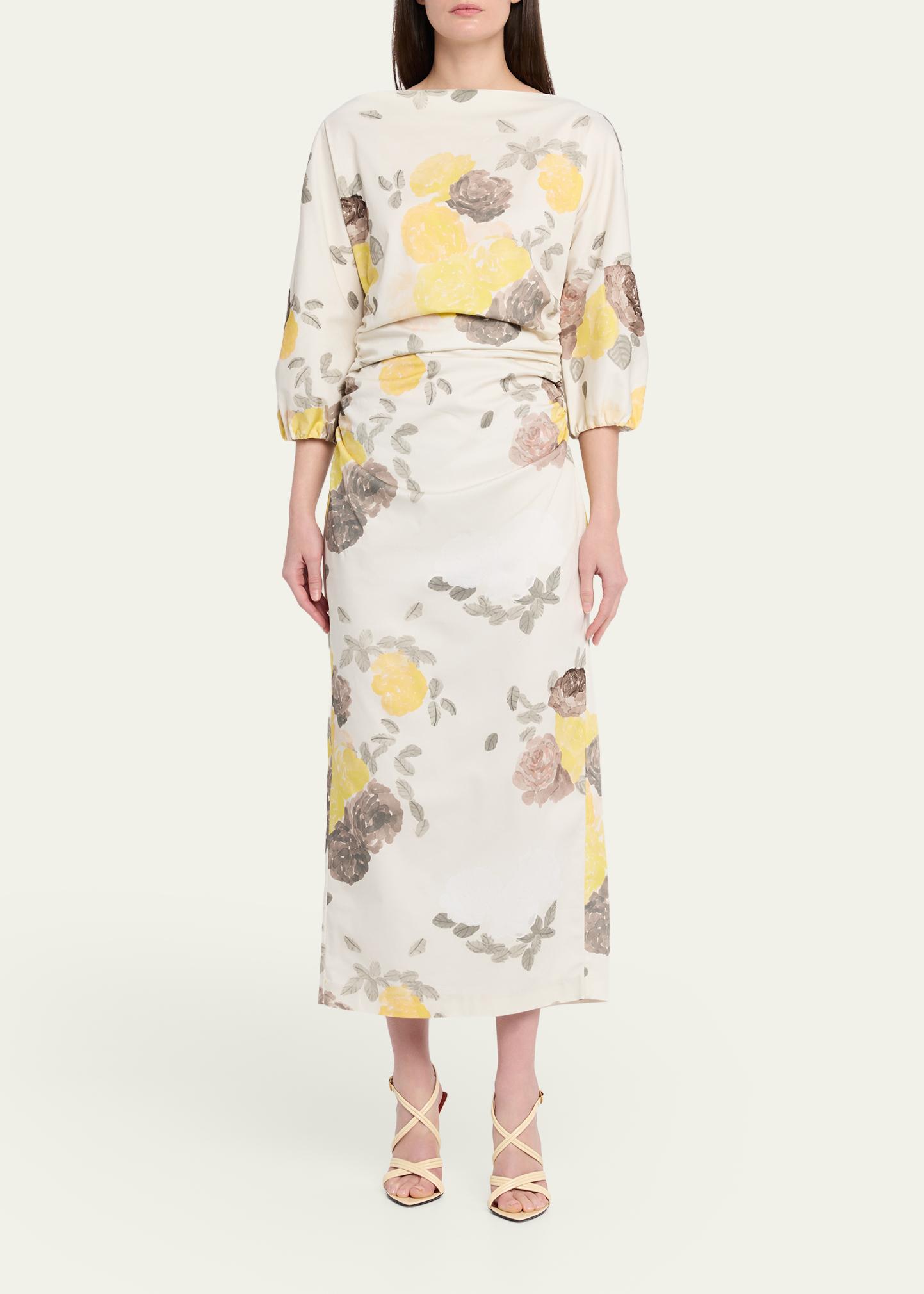 BERNADETTE Ezra Floral-Print Ruched 3/4-Sleeve Maxi Dress