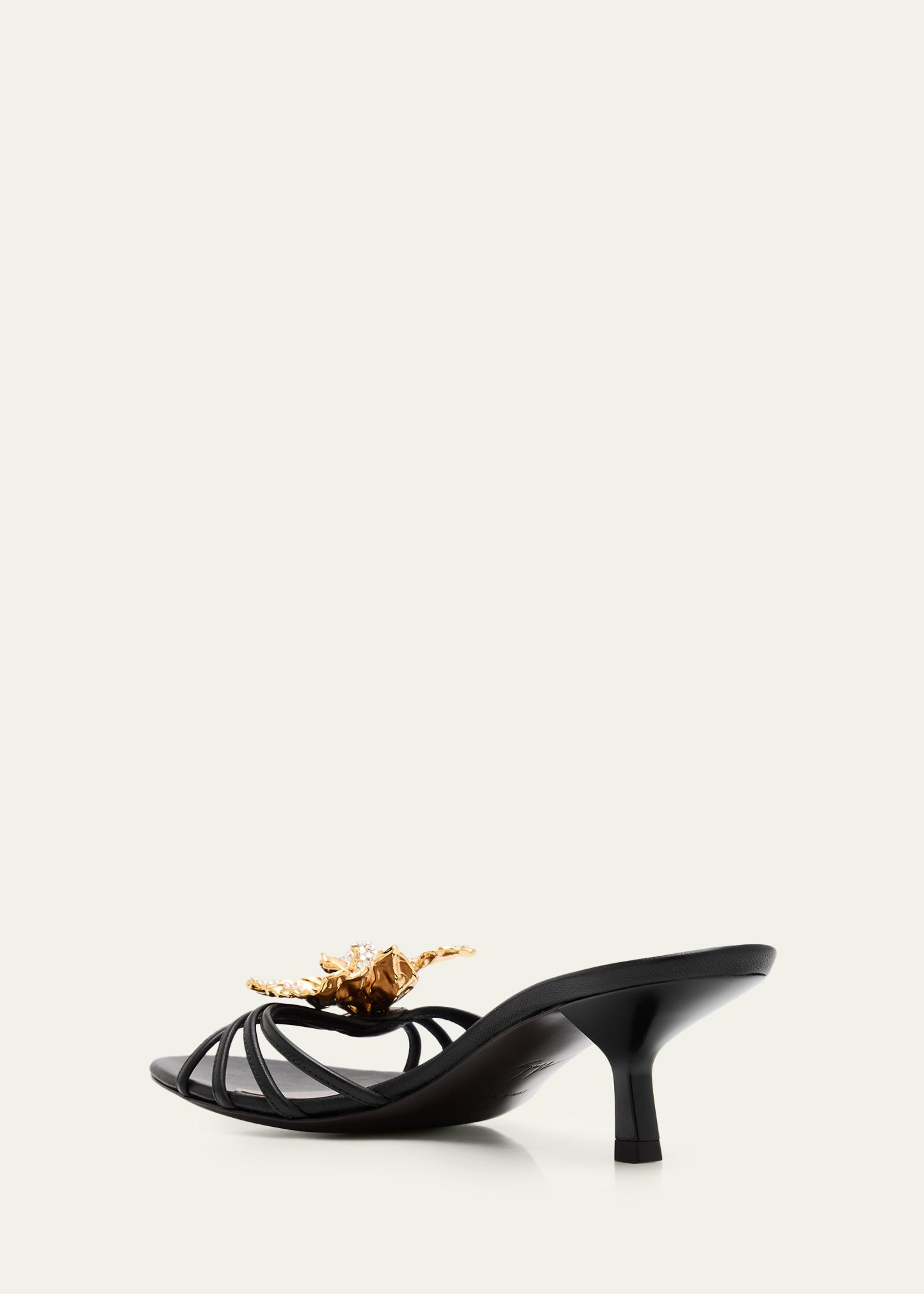 Giuseppe Zanotti Crystal Orchid & Leather Kitten-Heel Mule Sandals