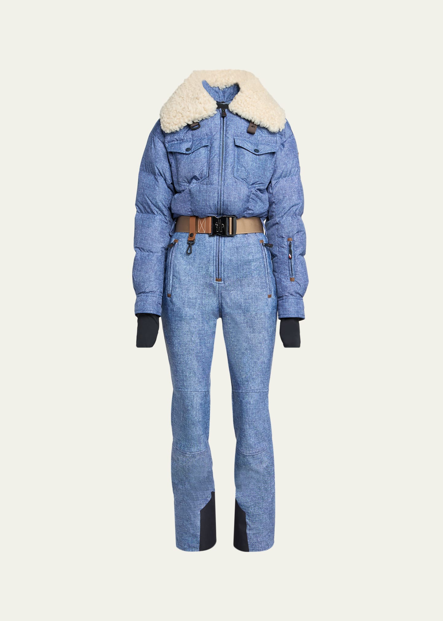 Moncler Grenoble Shearling-Trim Down Denim Ski Suit - Bergdorf Goodman