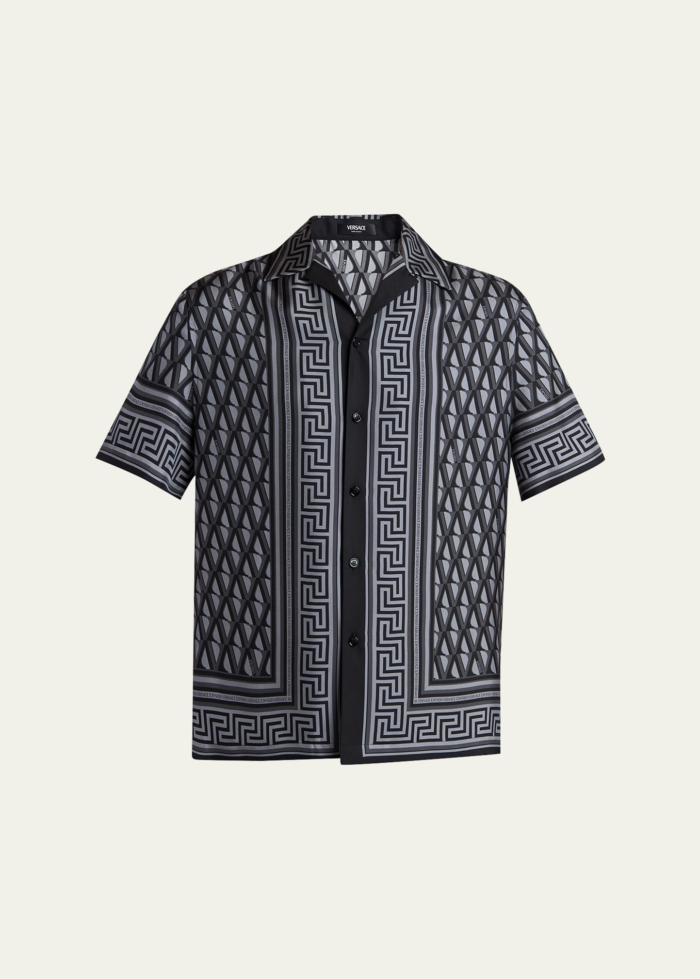 Versace Men's Silk Monogram Greca-Trim Bowling Shirt - Bergdorf