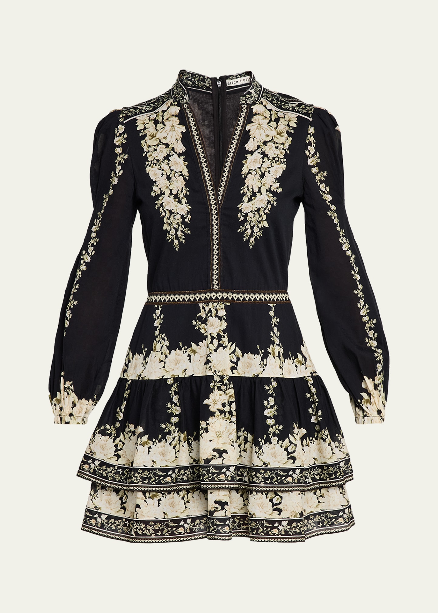 alice + olivia valencia tiered long-sleeve mini dress ALICE + OLIVIA Valencia Tiered Long-Sleeve Mini Dress