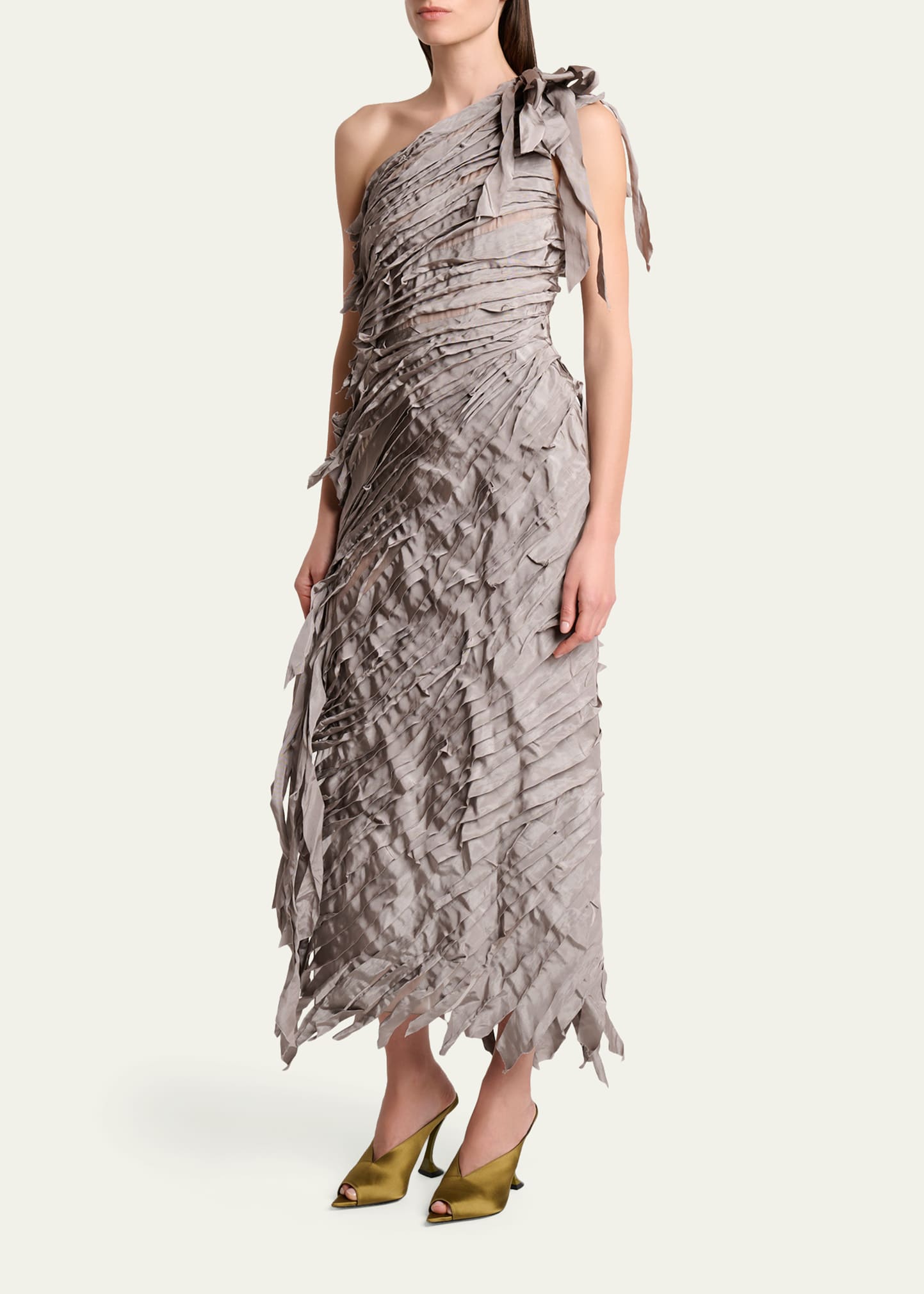 Lanvin One-Shoulder Tiered Ribbon Midi Dress - Bergdorf Goodman