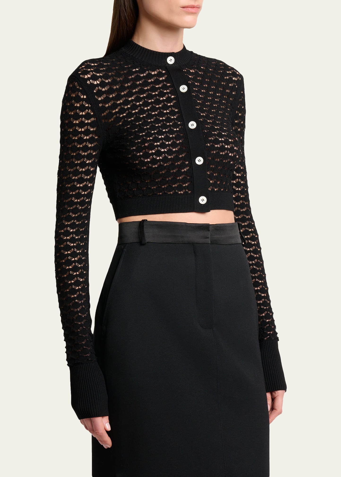Lanvin Lace Open-Knit Crop Crewneck Cardigan - Bergdorf Goodman