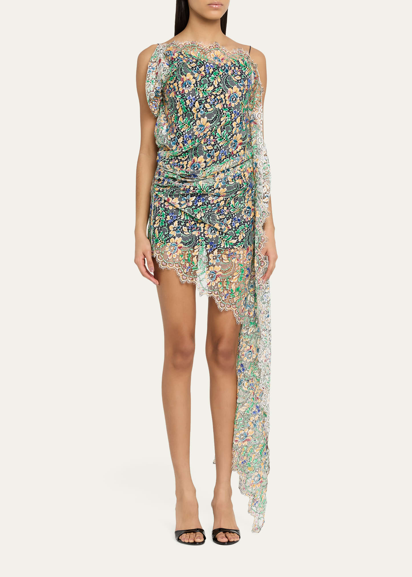 christopher esber green lace dress CHRISTOPHER ESBER Verve Asymmetric Lace-Trimmed Silk-Georgette And Ribbed  Dress