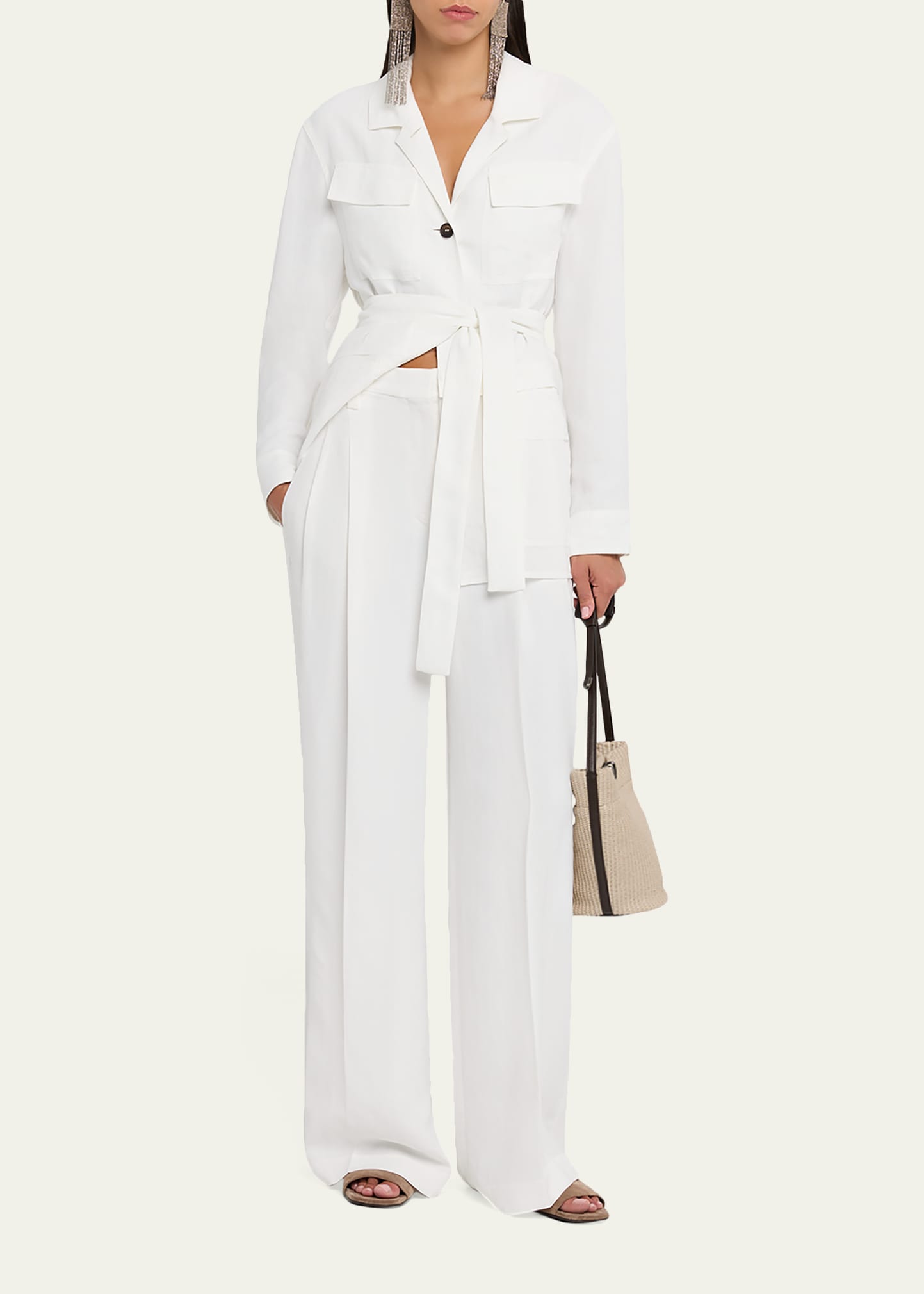 Brunello Cucinelli Monili-Trim Linen Gabardine Wide-Leg Pants