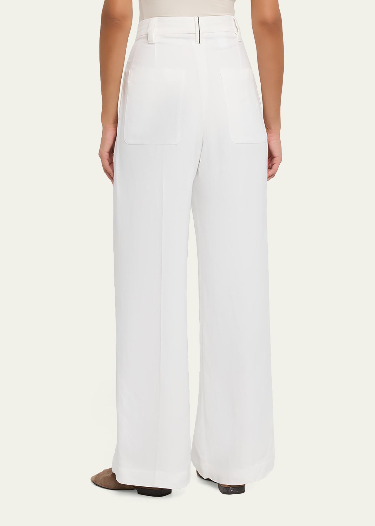 Brunello Cucinelli Monili-Trim Linen Gabardine Wide-Leg Pants