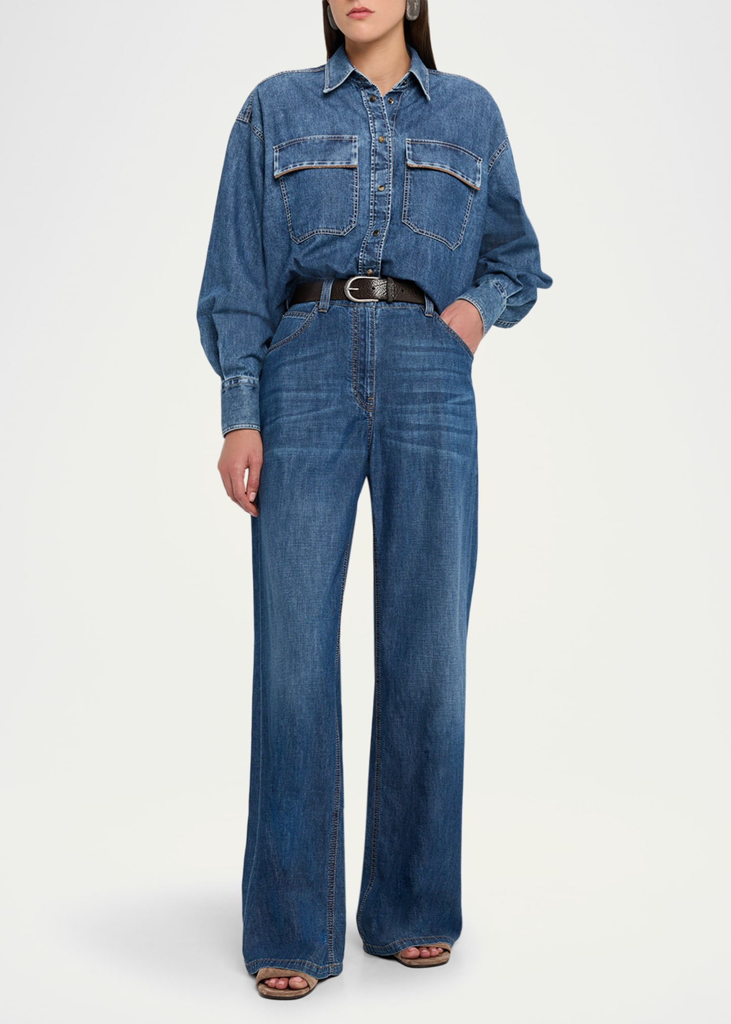 Brunello Cucinelli Lightweight Denim Wide-Leg Jeans With Monili