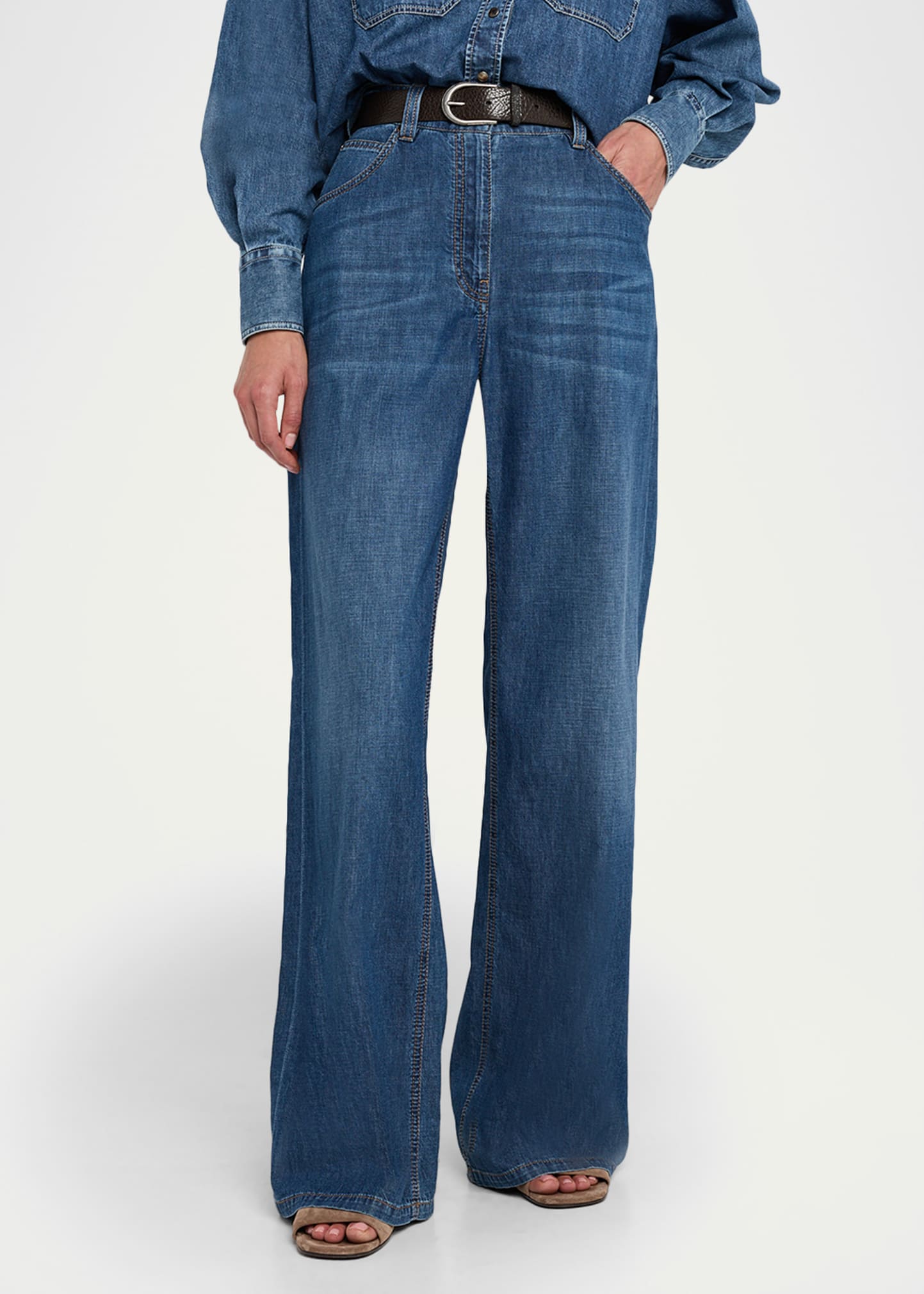 Brunello Cucinelli Lightweight Denim Wide-Leg Jeans With Monili