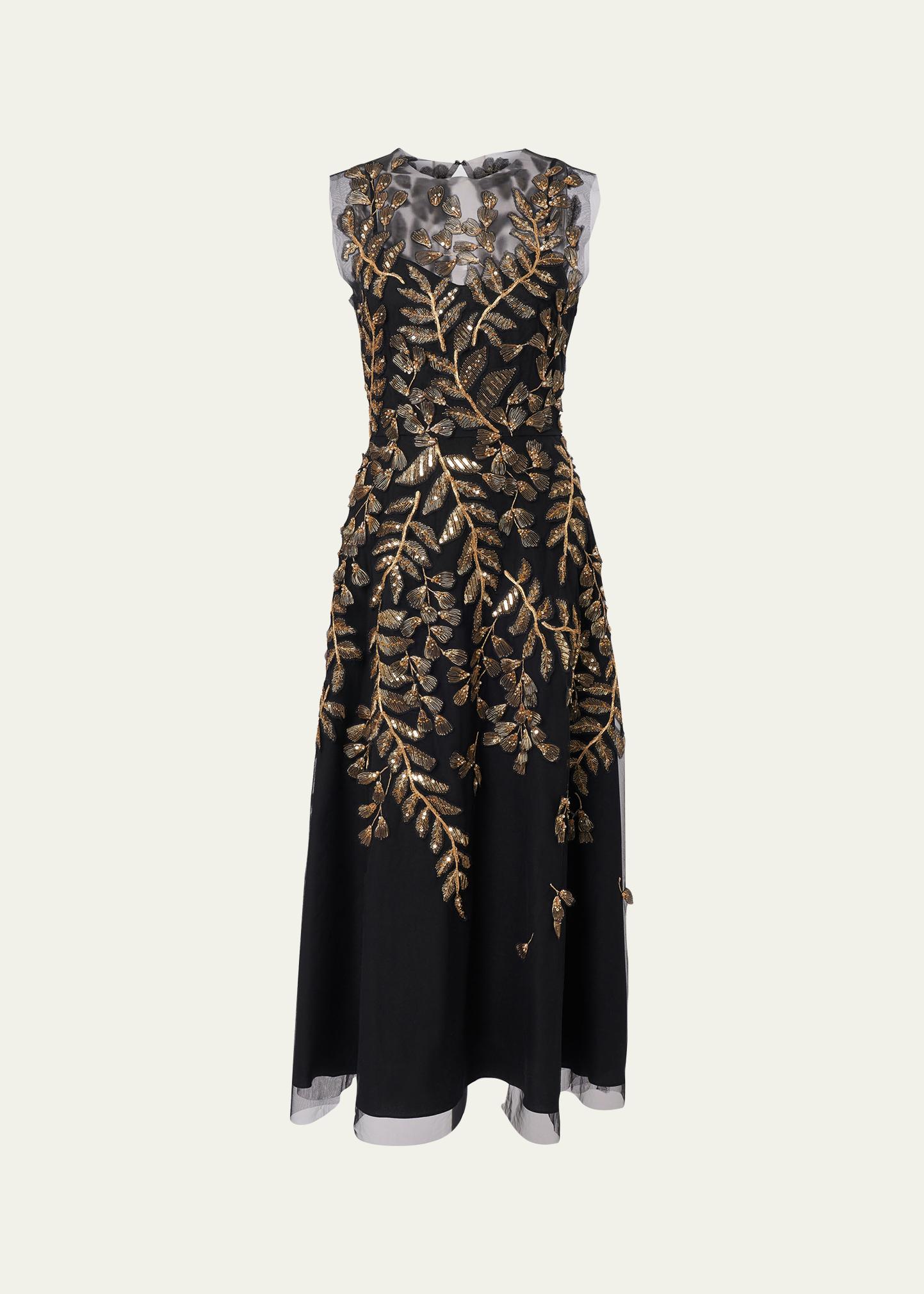 Carolina Herrera Gold Leaf-Embroidered Tulle Sleeveless Midi Dress