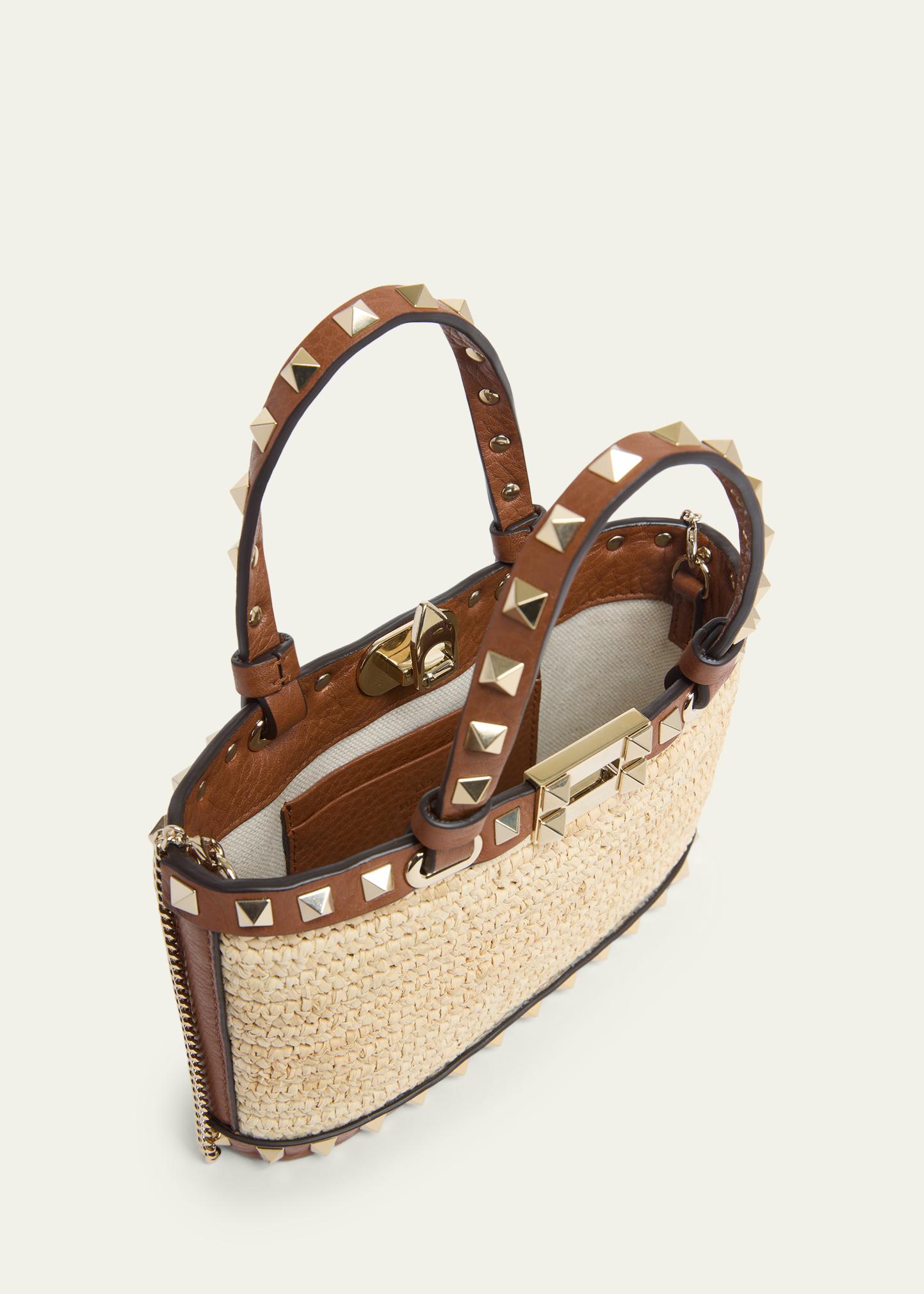 Valentino Garavani Mini Rockstud Viscose Raffia Top-Handle Bag