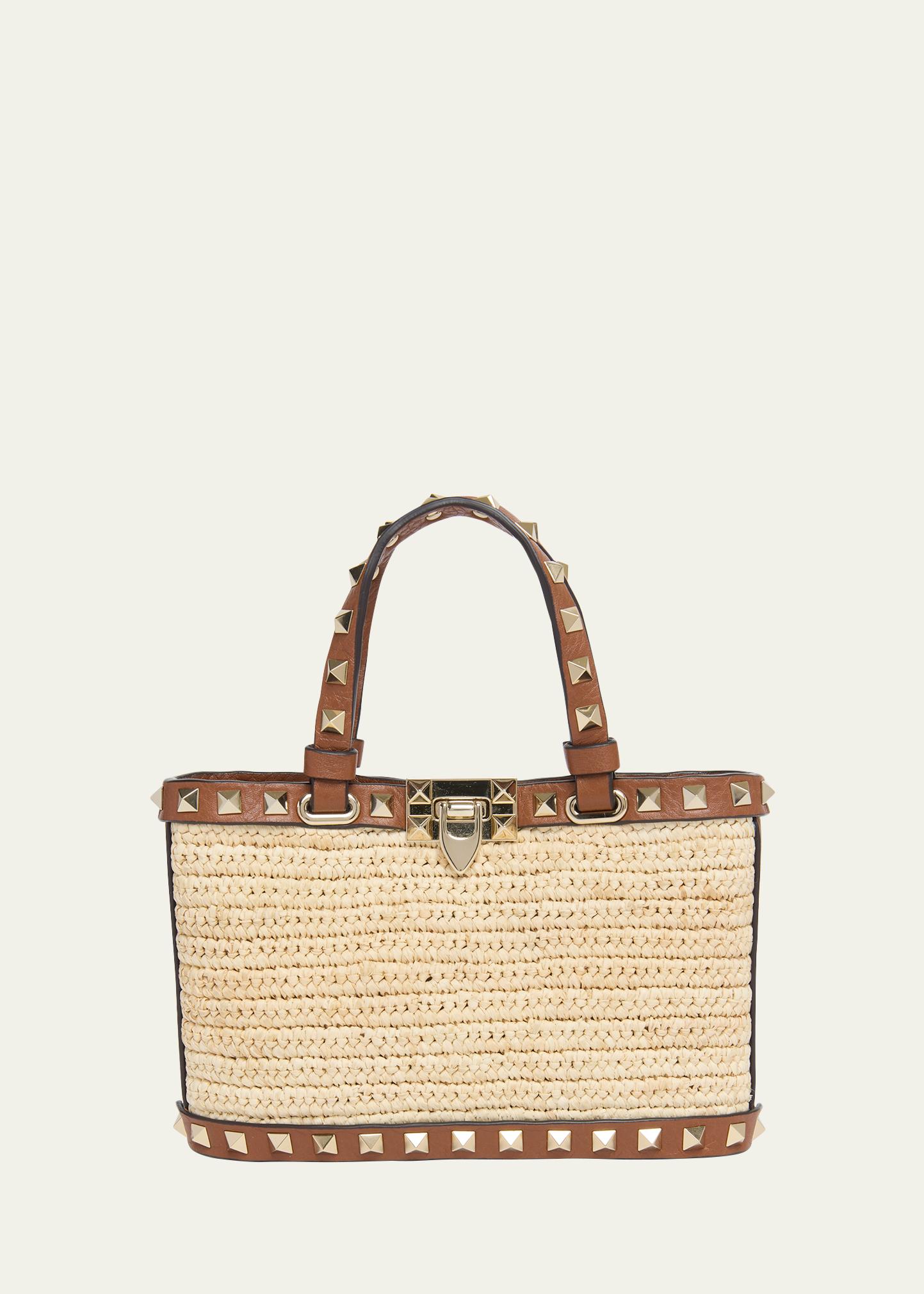 Valentino Garavani Mini Rockstud Viscose Raffia Top-Handle Bag