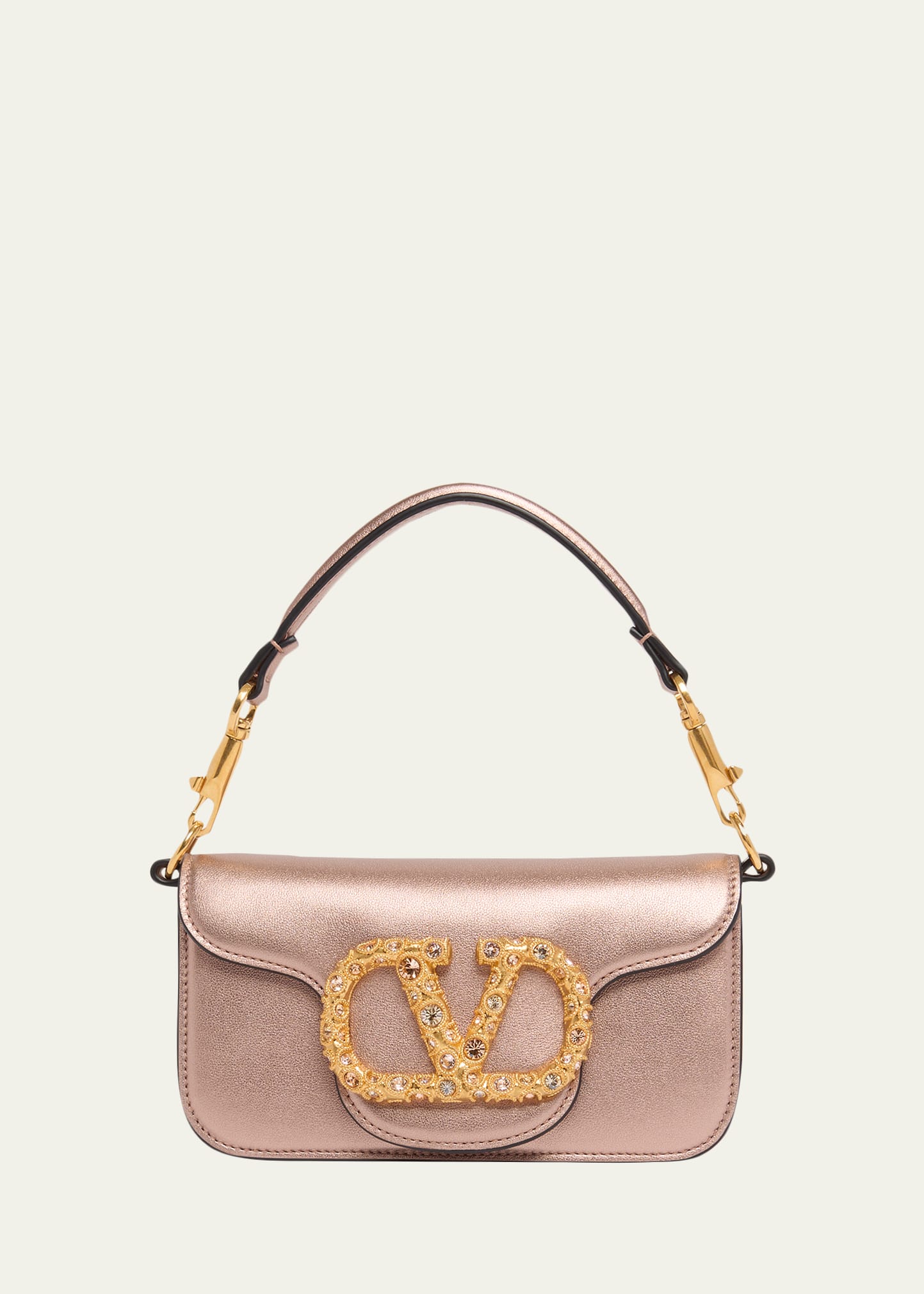 Valentino Garavani Small Crystal VLogo Metallic Leather Top-Handle