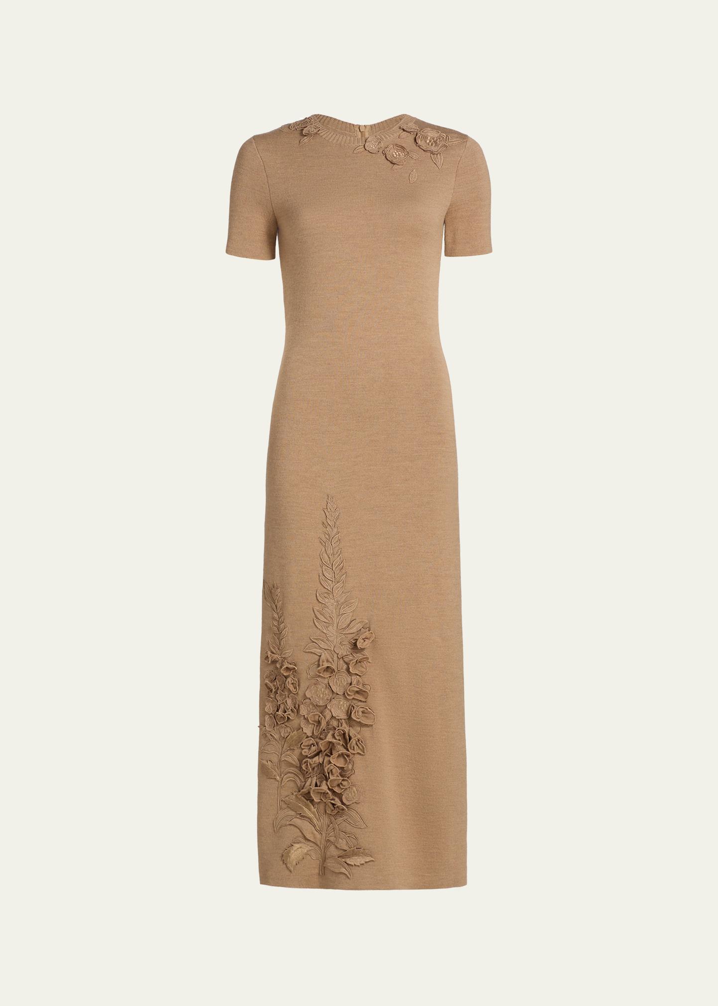 Oscar De La Renta Foxglove Embroidered Short-Sleeve Knit Maxi Dress