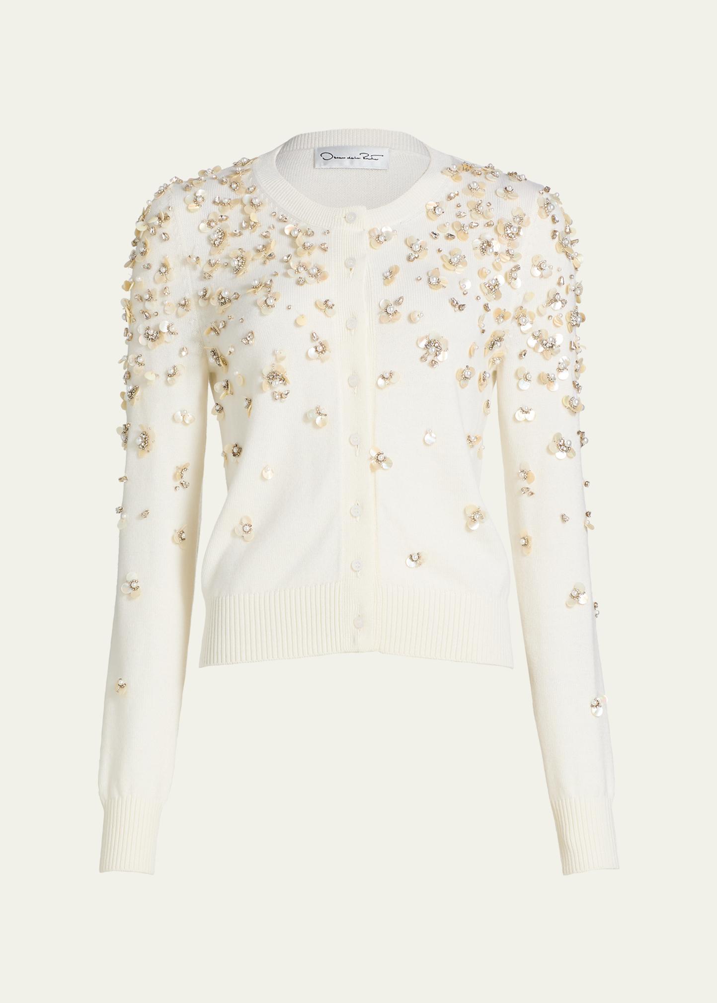 Oscar De La Renta Pearly Embroidered Wool Crewneck Cardigan