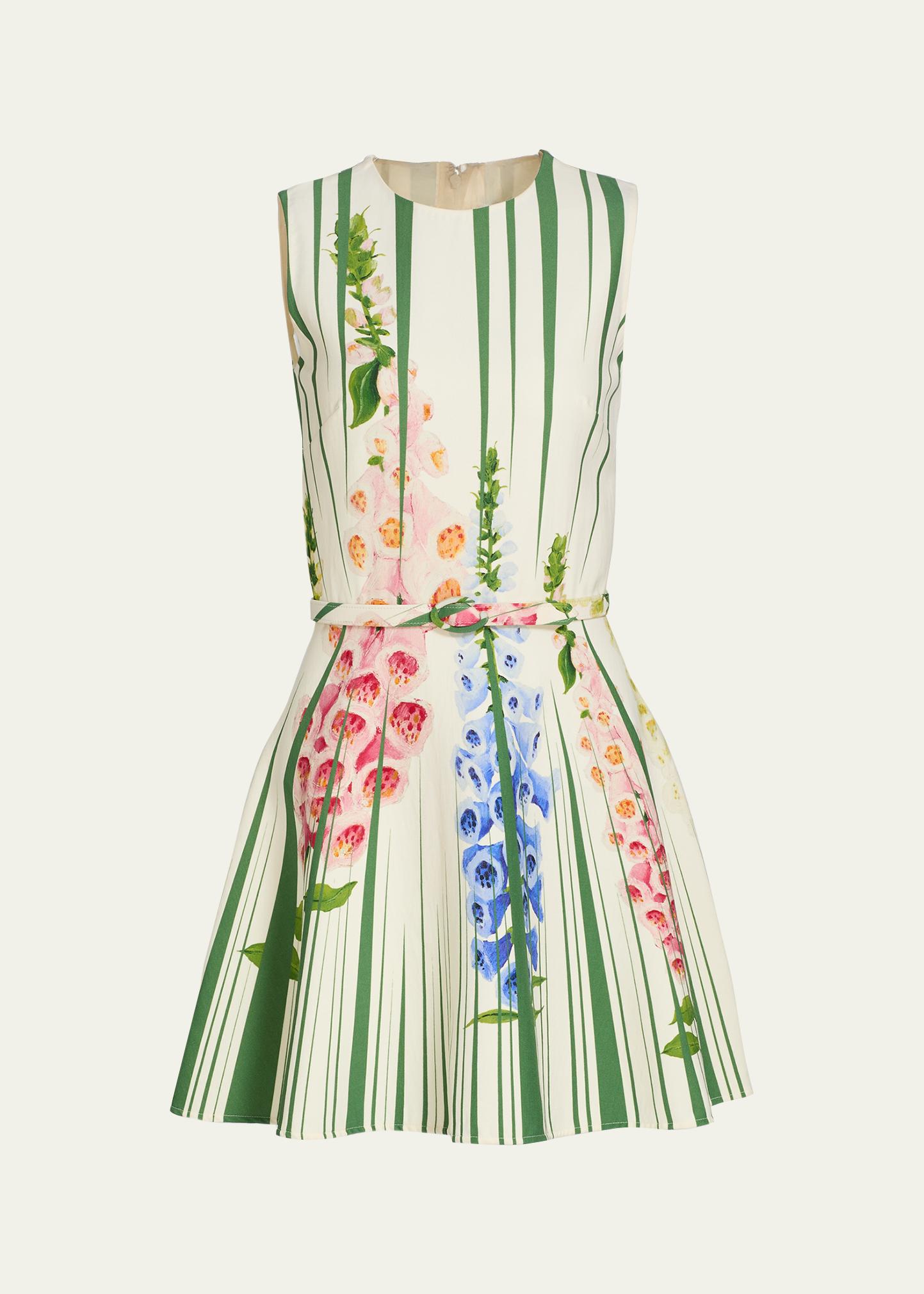 Oscar De La Renta Sleeveless Pleated Tromp L'Oeil Foxgloves Mini Dress With Belt