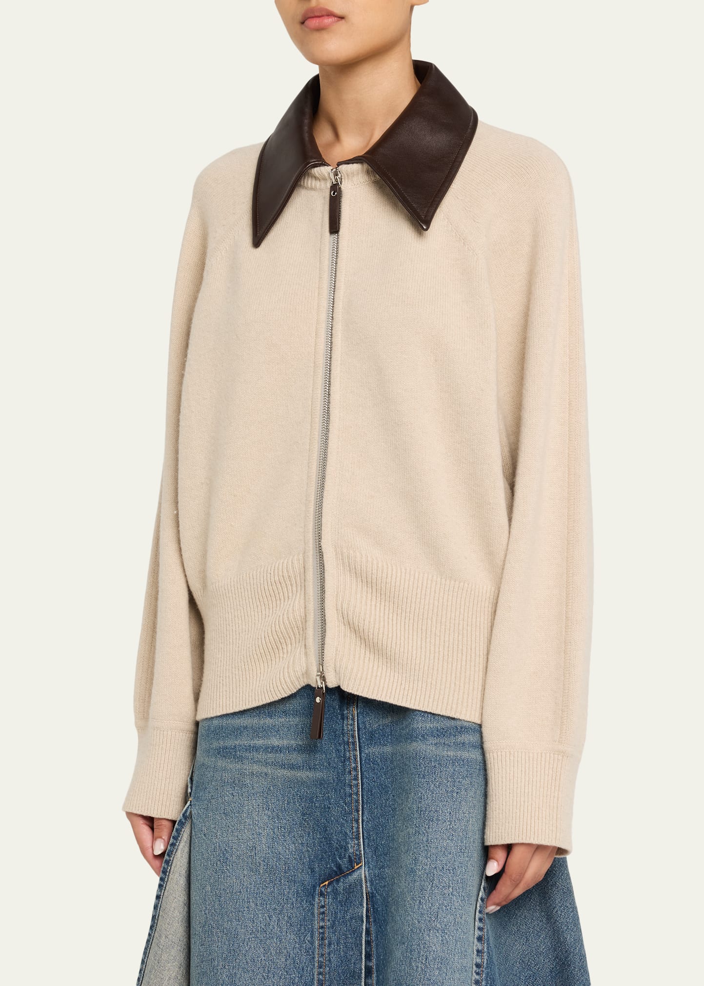 Brandon Maxwell Conrad Leather-Collar Cashmere Zip Cardigan