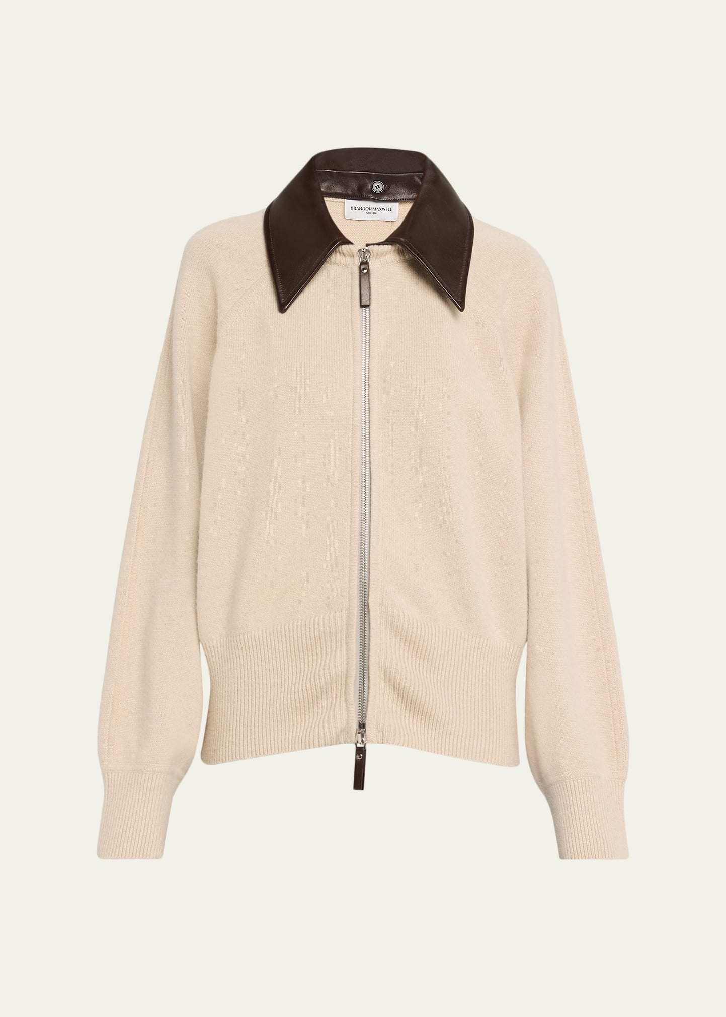 Brandon Maxwell Conrad Leather-Collar Cashmere Zip Cardigan