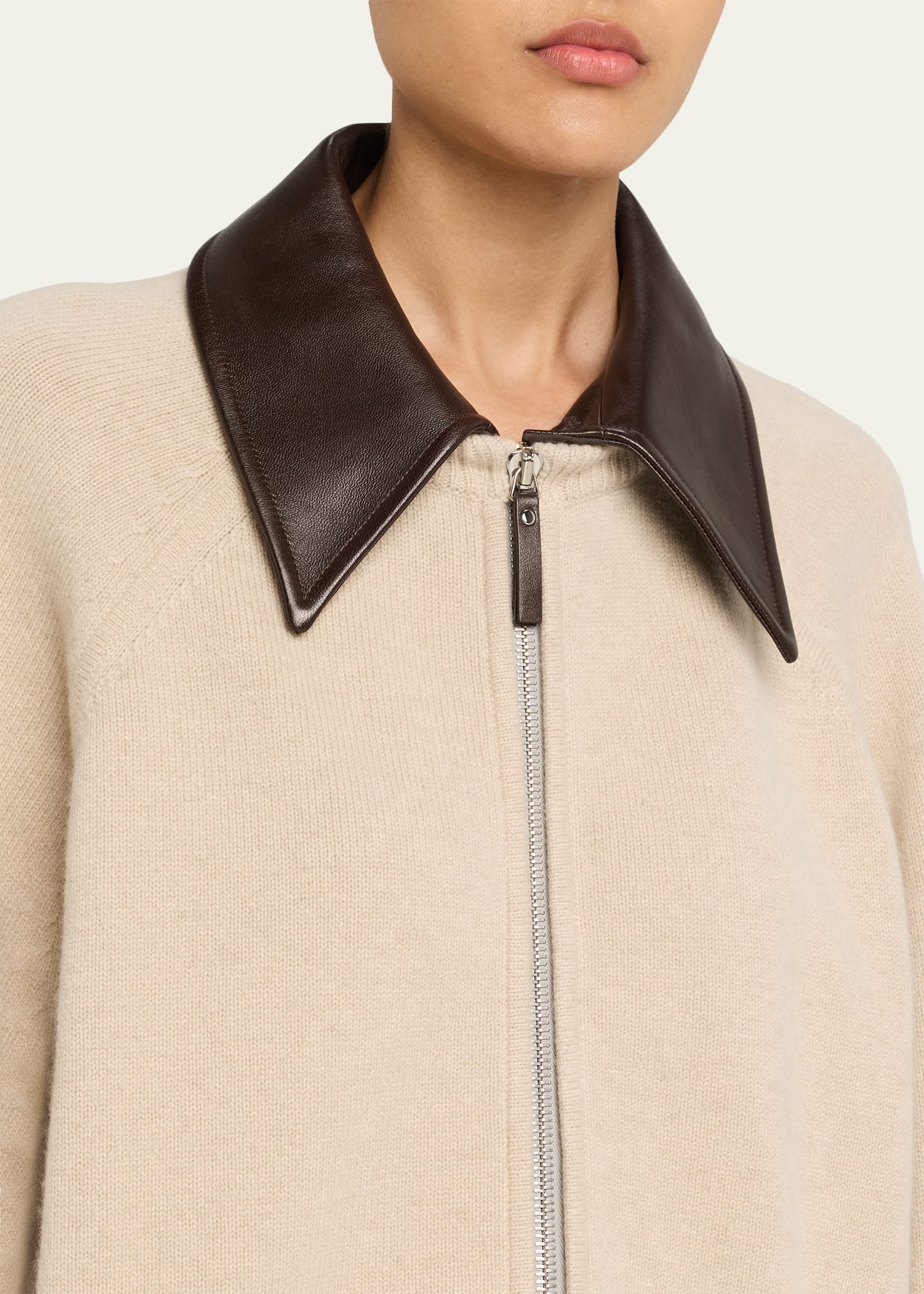 Brandon Maxwell Conrad Leather-Collar Cashmere Zip Cardigan
