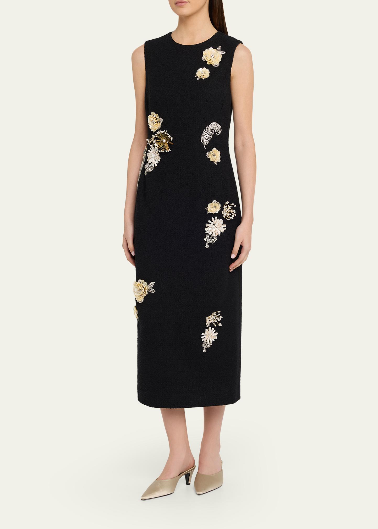 Oscar de la Renta Crystal Embroidered Tweed Sleeveless Midi