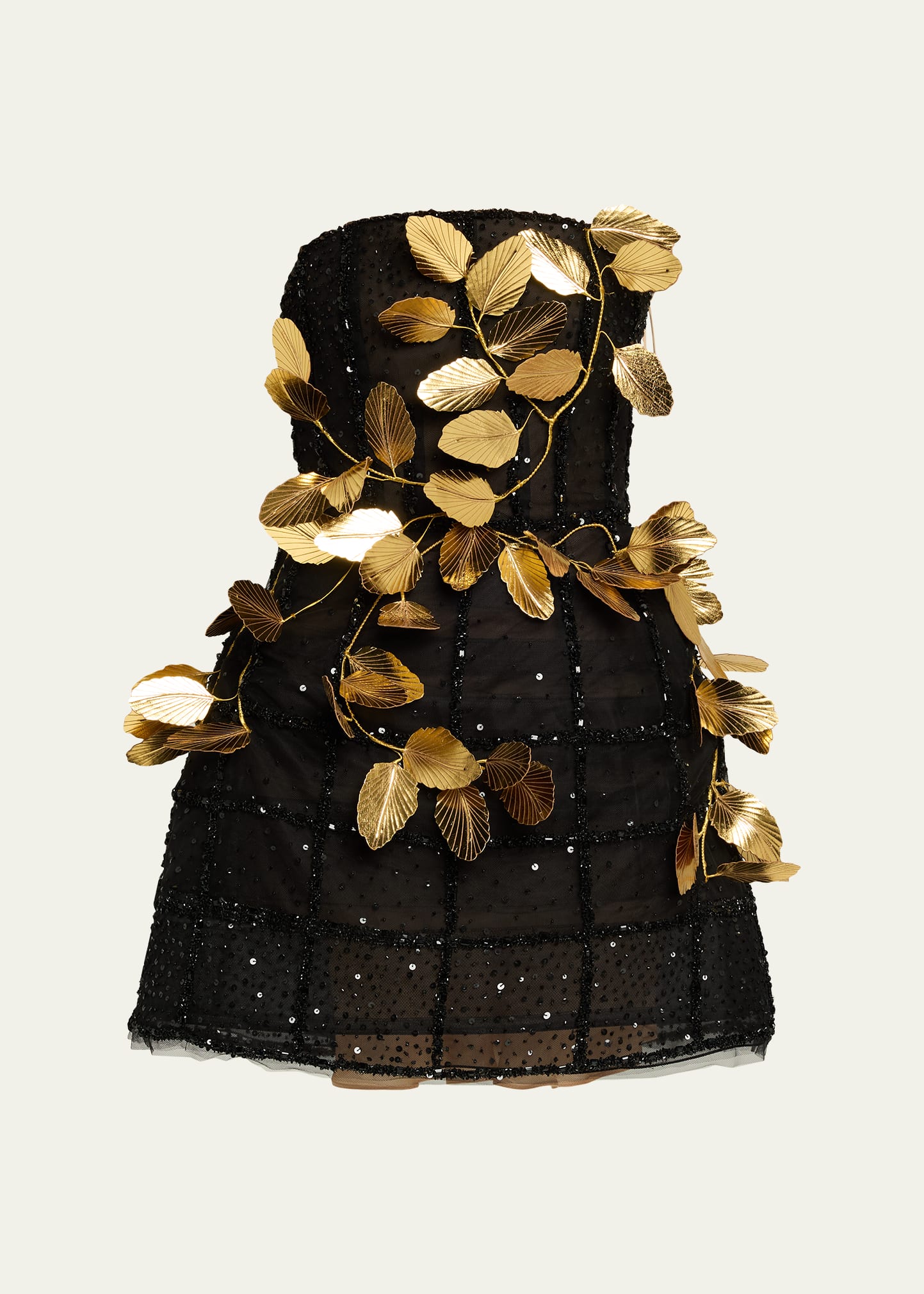black golden foliage mini dress Parosh Gold Foliage Mini Dress M / Gold