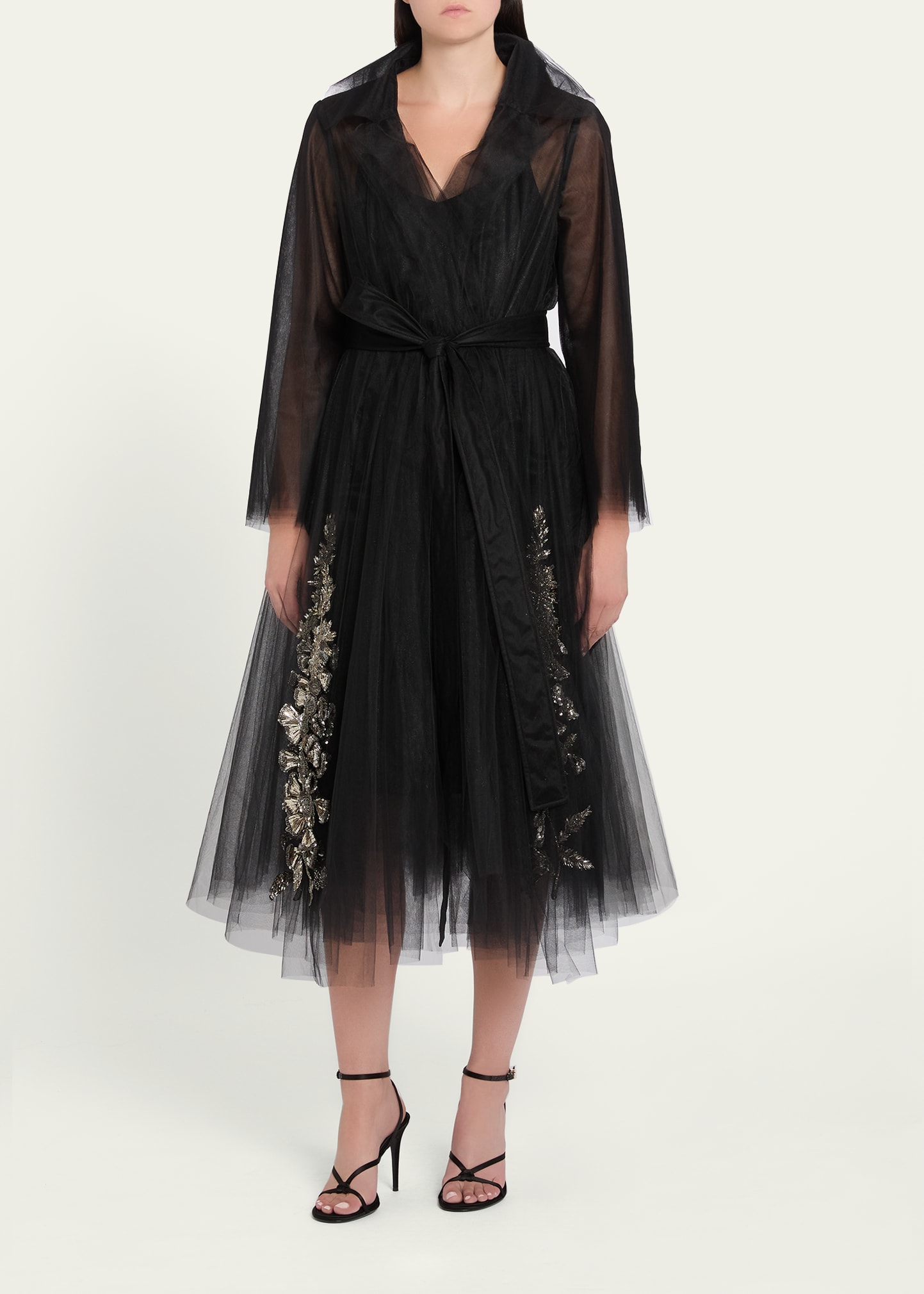 Oscar de la Renta Foxglove Embellished Tulle Belted Flare Coat