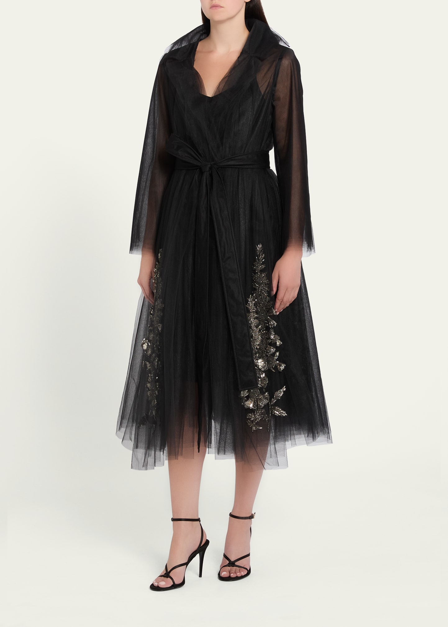 Oscar de la Renta Foxglove Embellished Tulle Belted Flare Coat