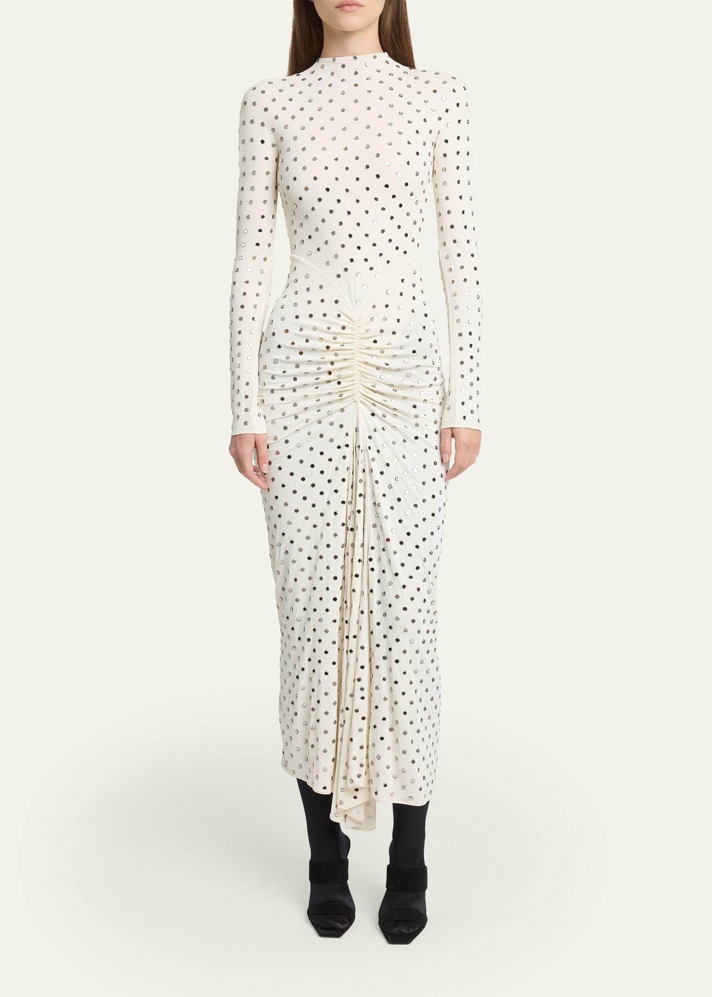 alaia ruched midi dress ALAIA Strass Jersey Ruched Midi Dress